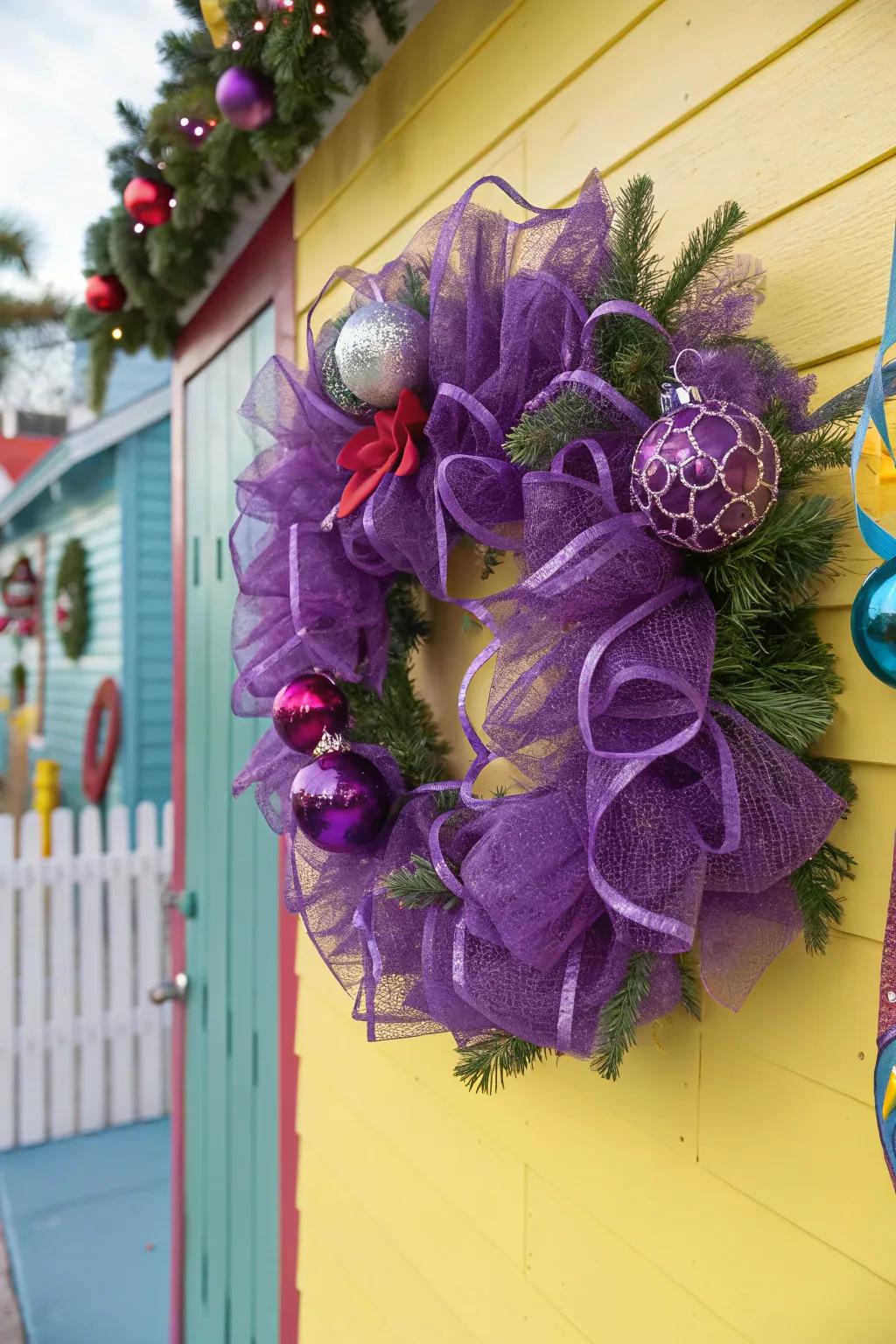 Mauve netting imparting playfulness and texture to holiday decor.