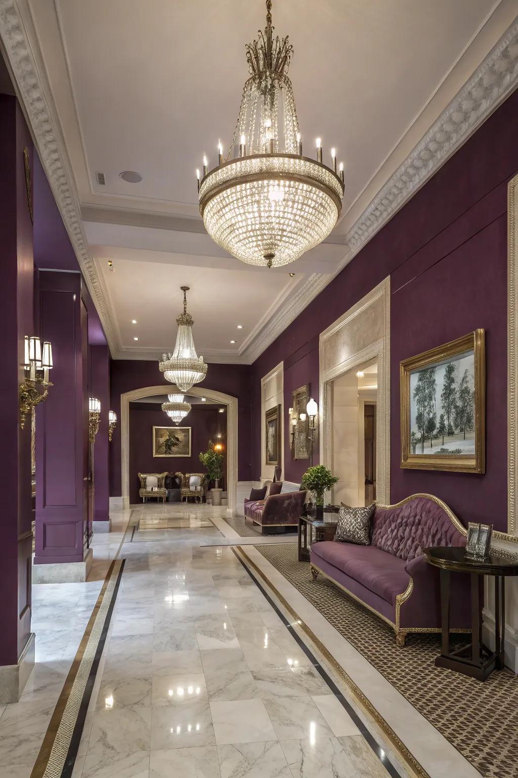 An opulent entranceway ornamented with deep purple walls.