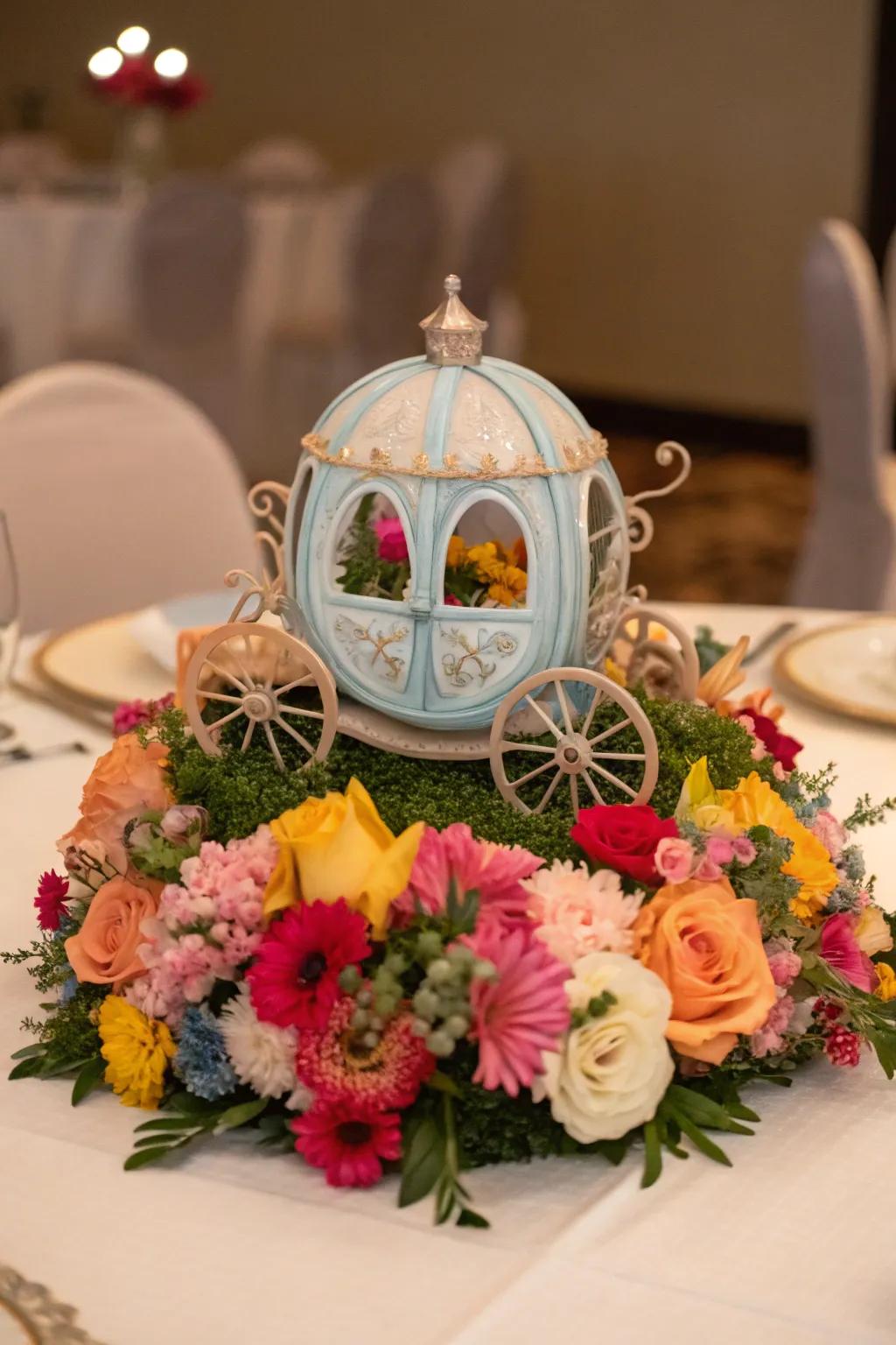 Cinderella carriages contribute a fanciful fairy-tale element to the decorations.