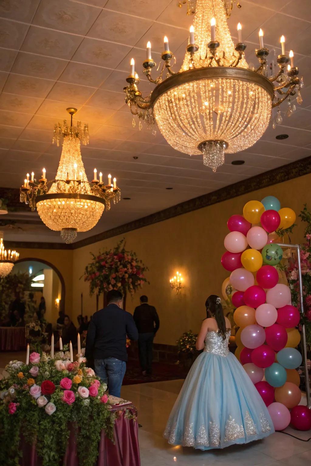 Chic chandeliers create a magical and inviting atmosphere.
