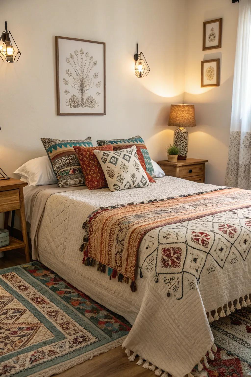 An inviting arrangement featuring superimposed textiles and patterned details.