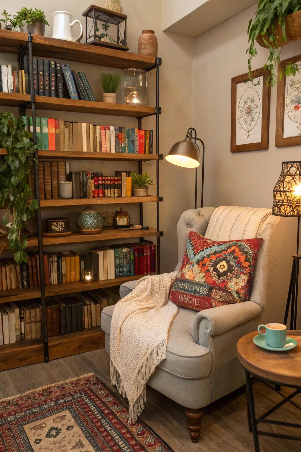 A cozy and diverse reading corner for reading lovers.