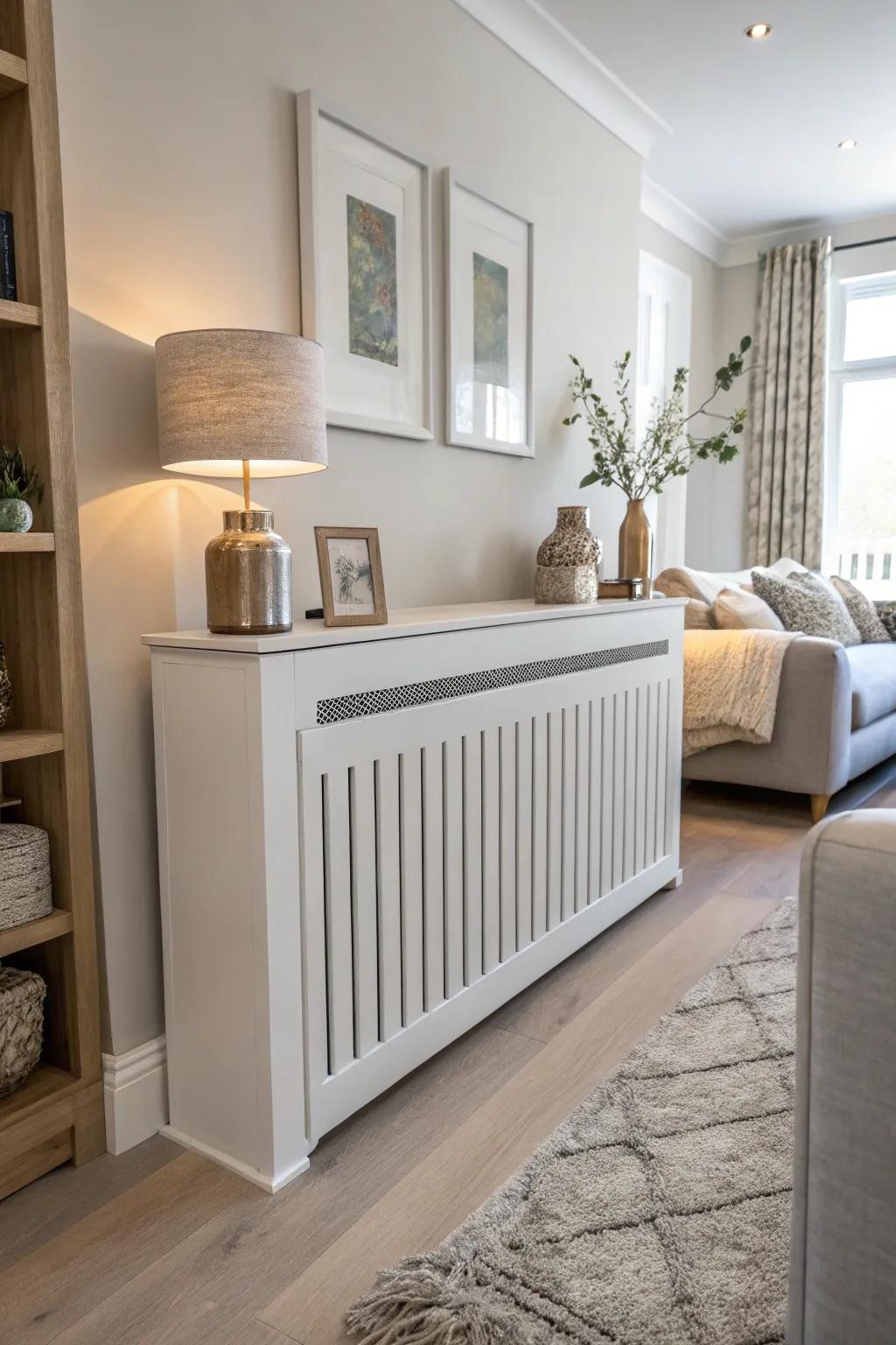An understated radiator face enhances the neat aesthetic of a contemporary living area.