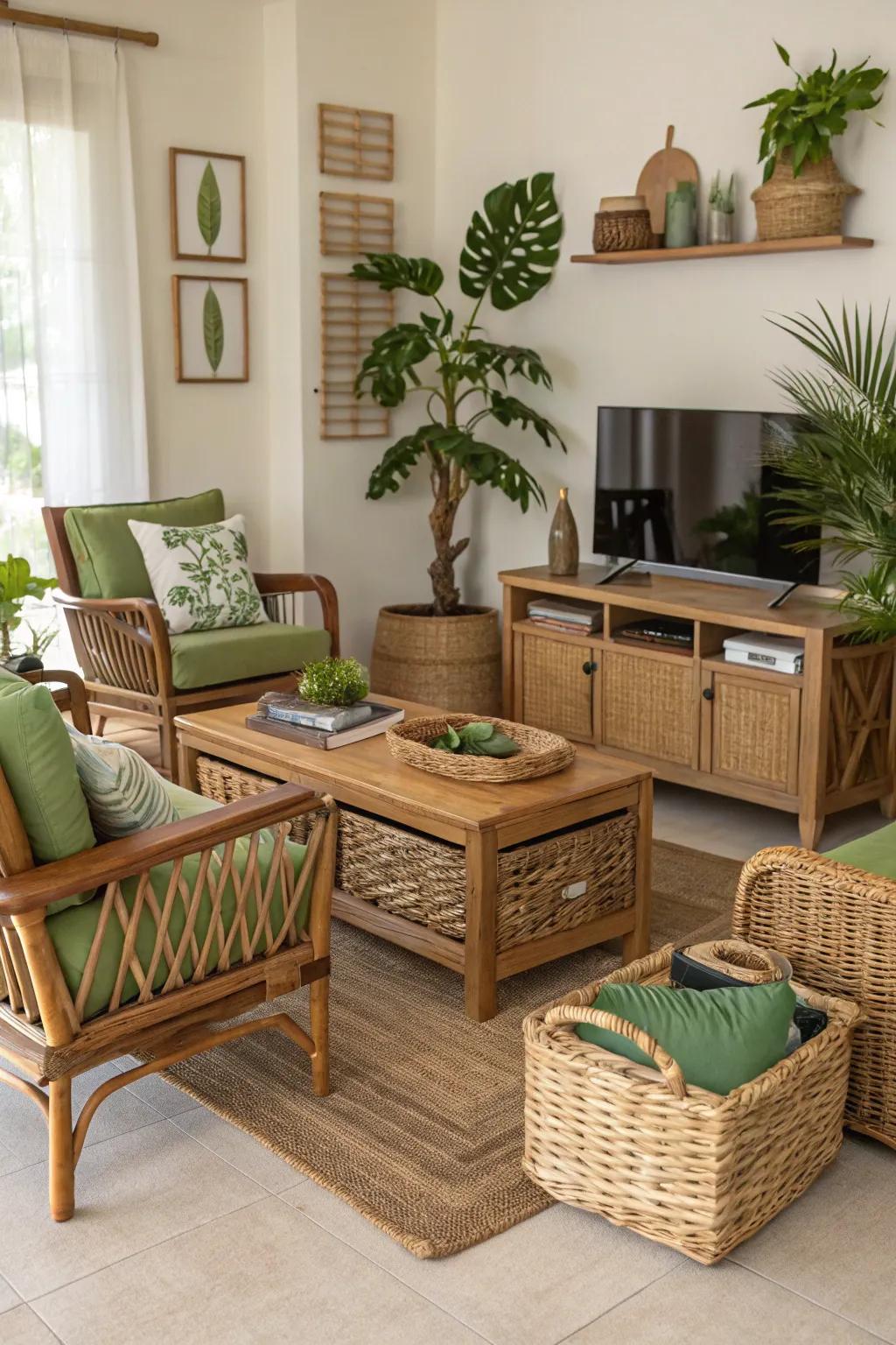 Employ organic surfaces such as wicker and wood for an authentic sensation.