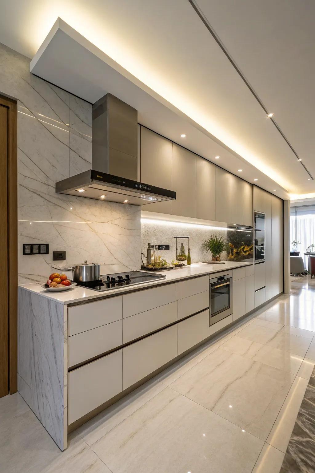 Integrated cabinets hide the range hood wonderfully, creating a seamless look.