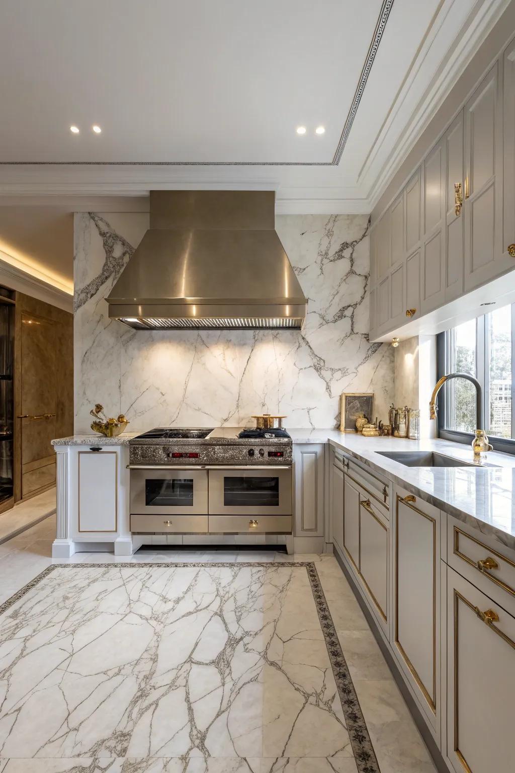 Lavish kitchen featuring a marble backsplash and a coordinating vent hood for a refined touch.