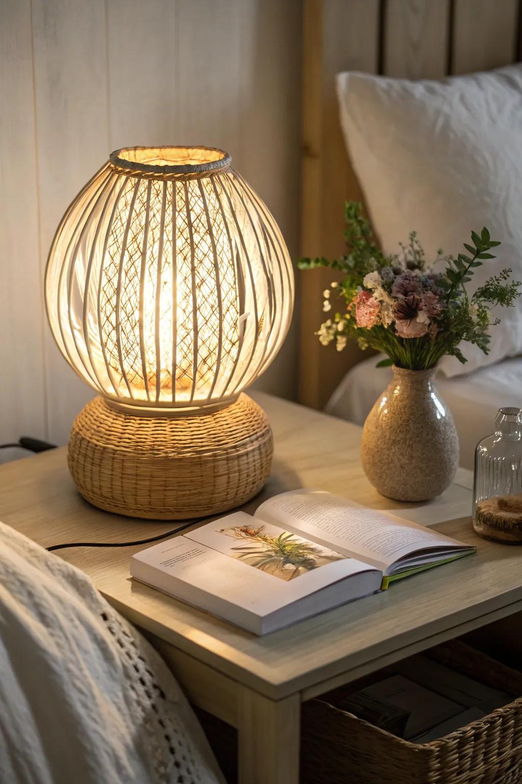 A rattan lamp contributes a cozy glow to your bedroom.