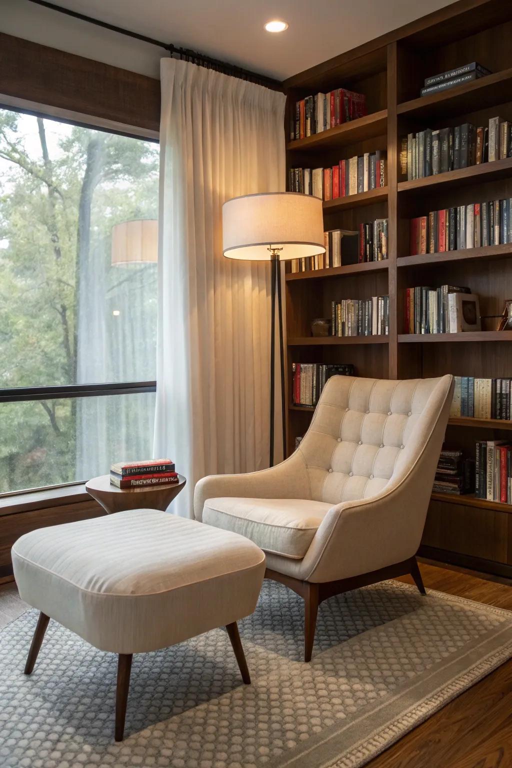 A reading nook with midcentury style and charm.