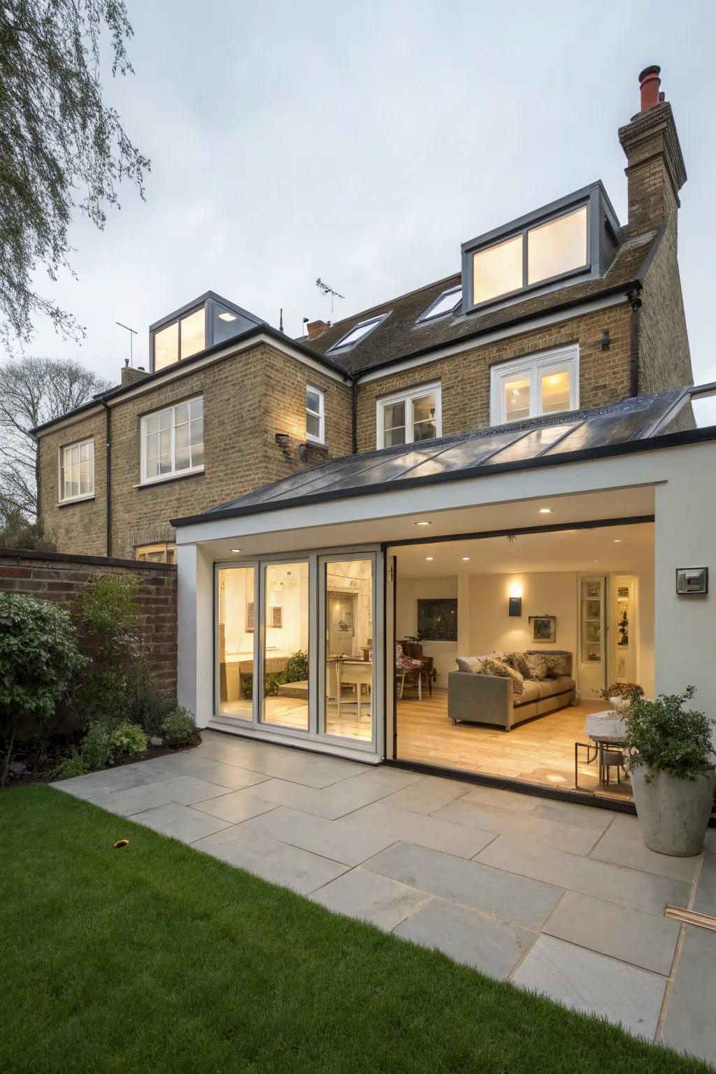 A back house extension enhanced with windows in the ceiling, which creates a vibrant and airy ambiance.