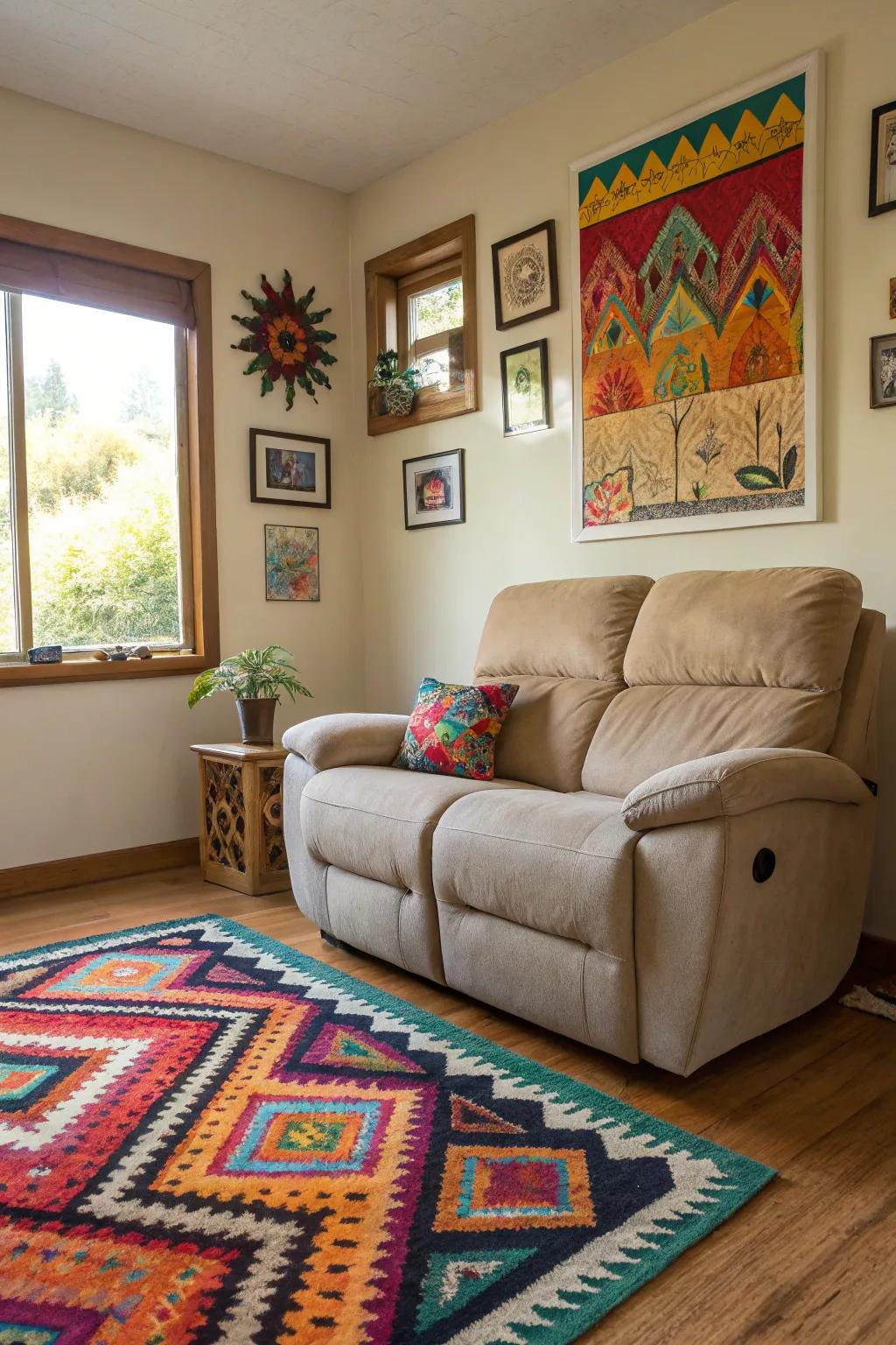 A chic living room features carefully selected ornamental pieces that enhance the recliner sofa.