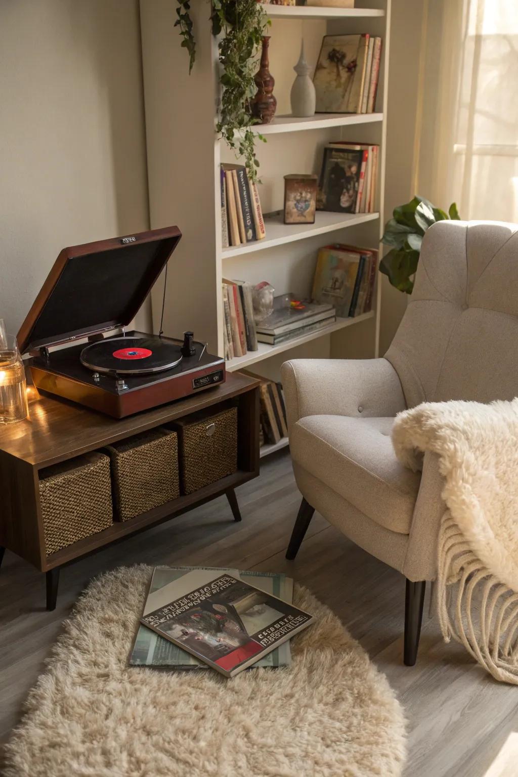 A cozy corner featuring a record player and comfortable seating.