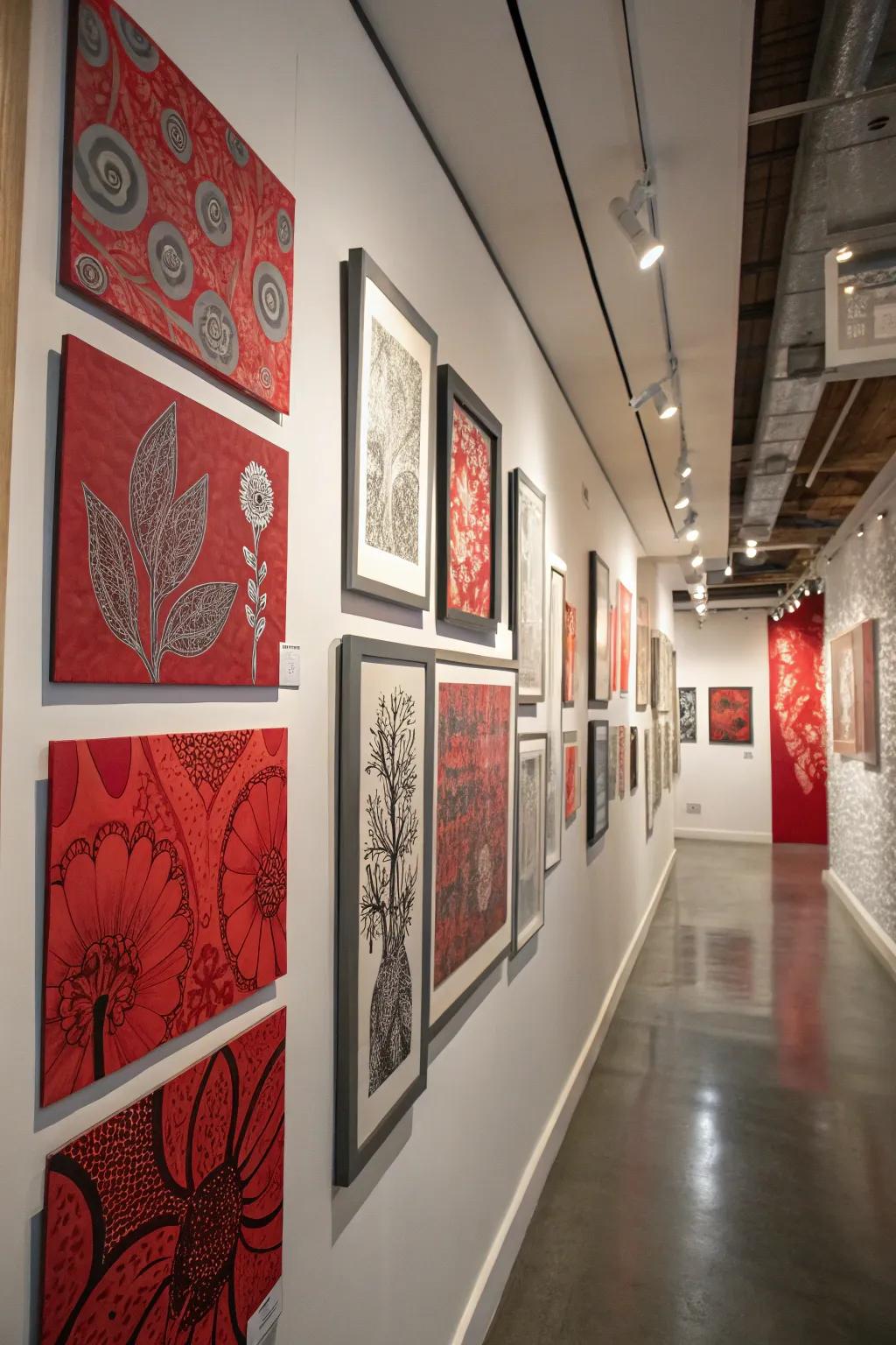 A showcase of red and grey art adorns a gallery wall.