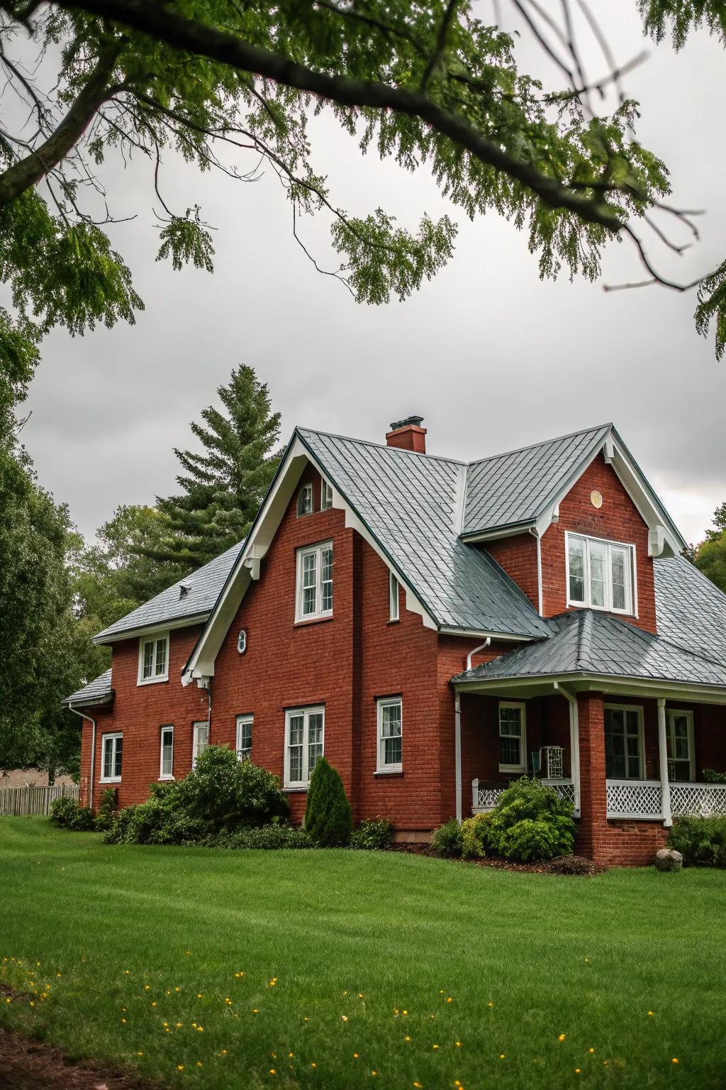 A gabled roof enhances the character of this red brick house.