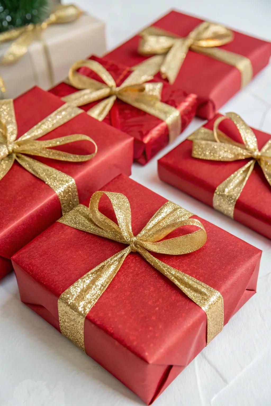 Beautifully covered presents in celebratory scarlet and gold.