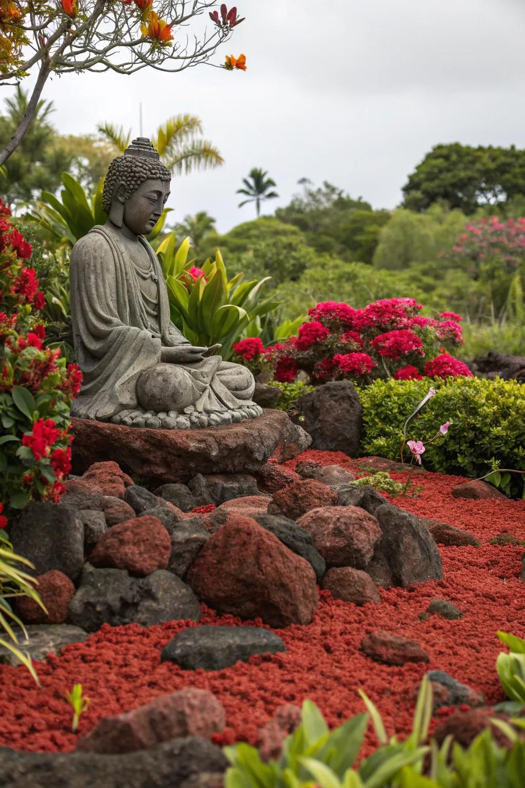 Crimson volcanic stones emphasize a garden figurine, rendering it a pivotal point.