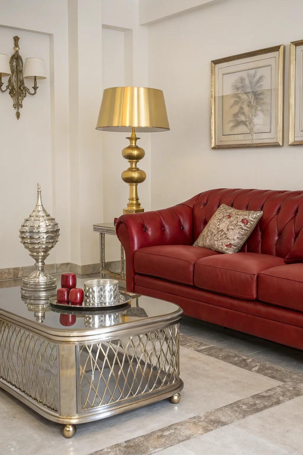 Polished details impart a luxurious touch to a room featuring a crimson hide sofa.