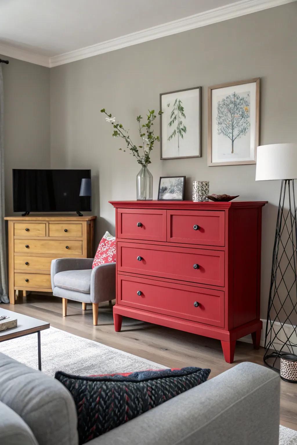 A vivid color choice can convert a dresser into the centerpiece of a room.