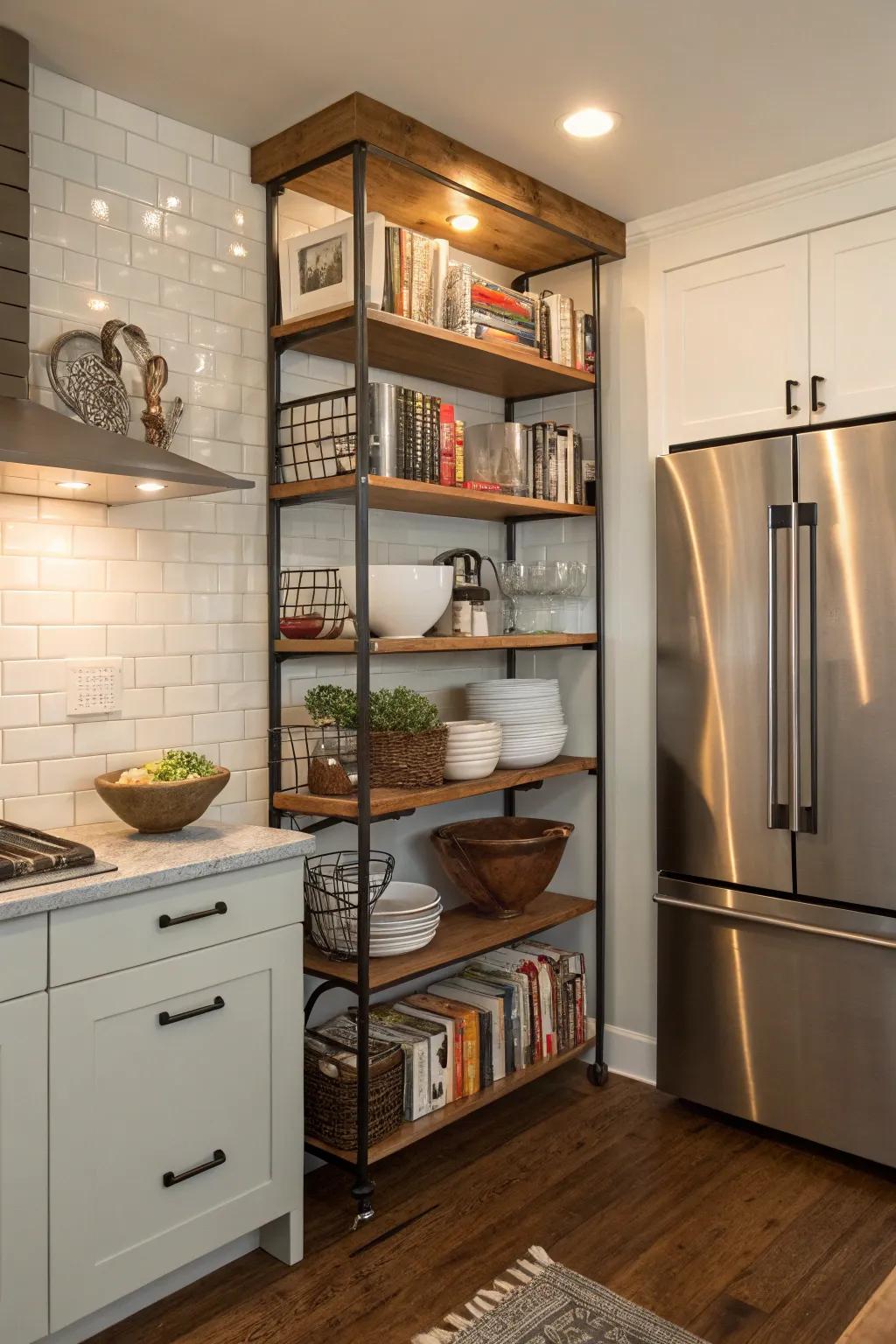 Displaying sections surrounding the refrigerator introduces character and use to the kitchen.