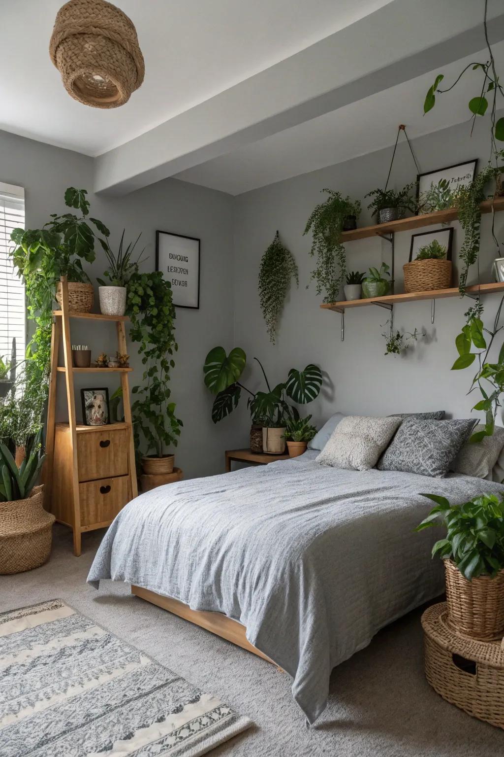 Houseplants introduce a natural touch to the calming repose gray setting.