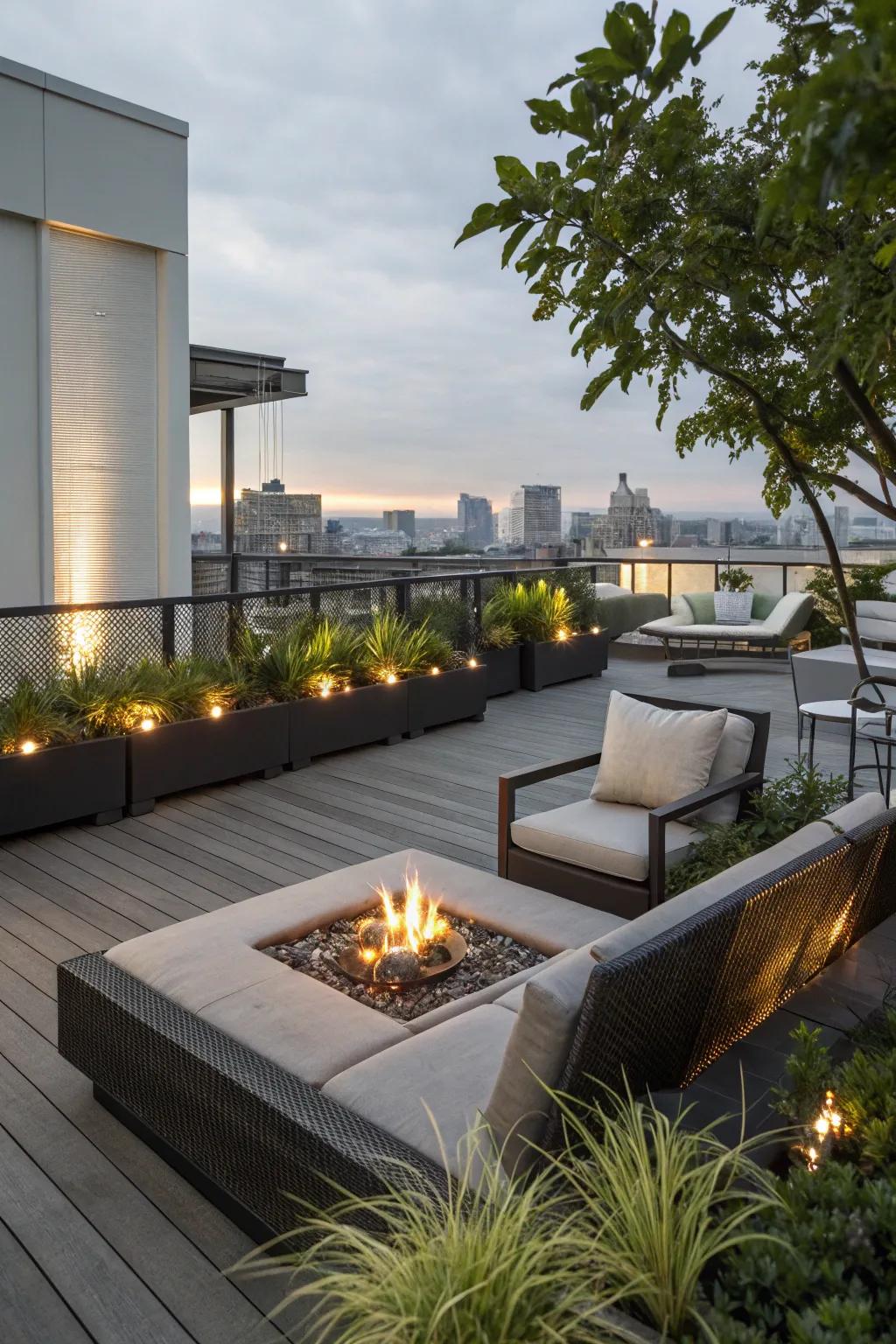 Add a fire element to your rooftop deck for warmth and atmosphere.