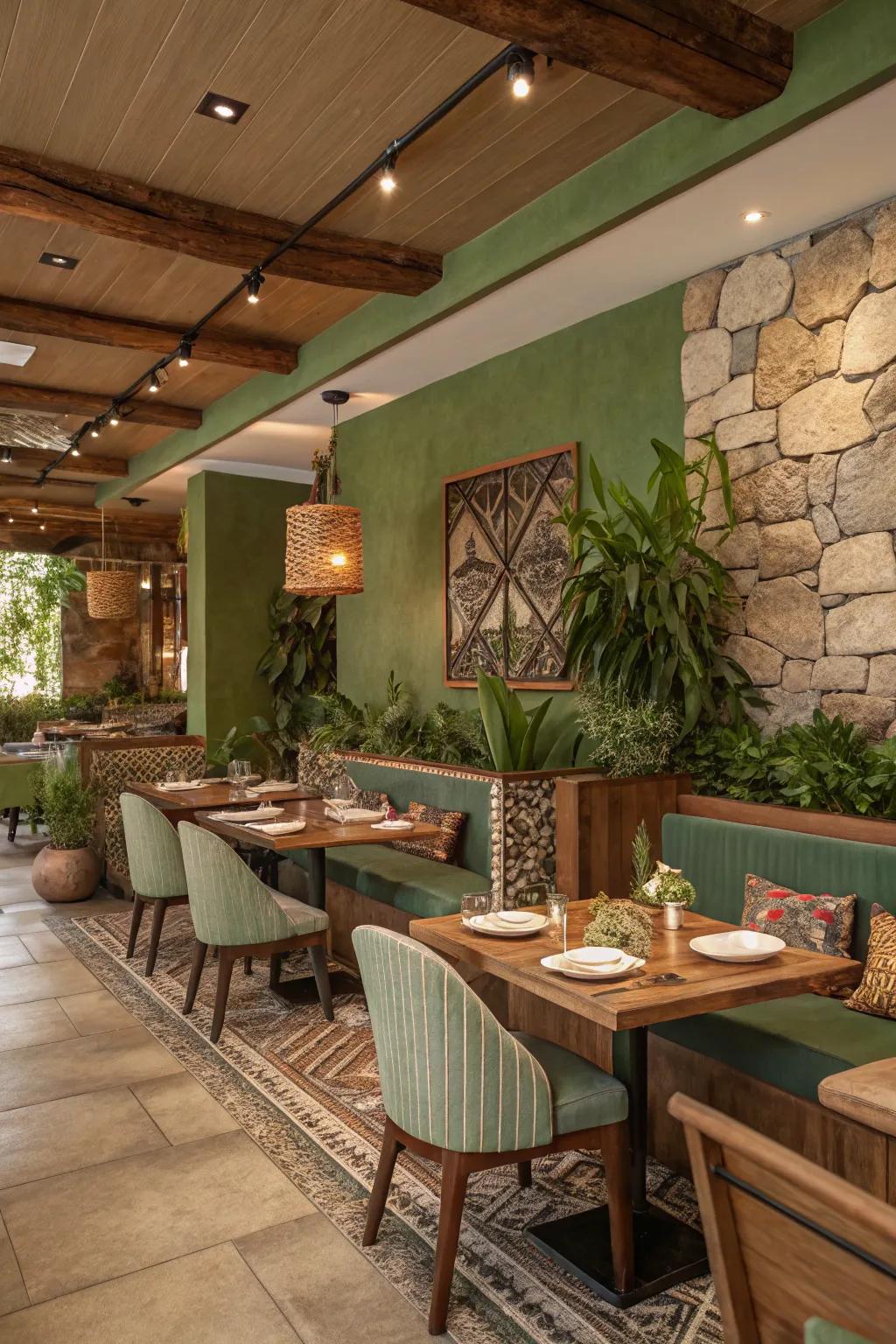 A serene restaurant interior with natural and earthy tones.