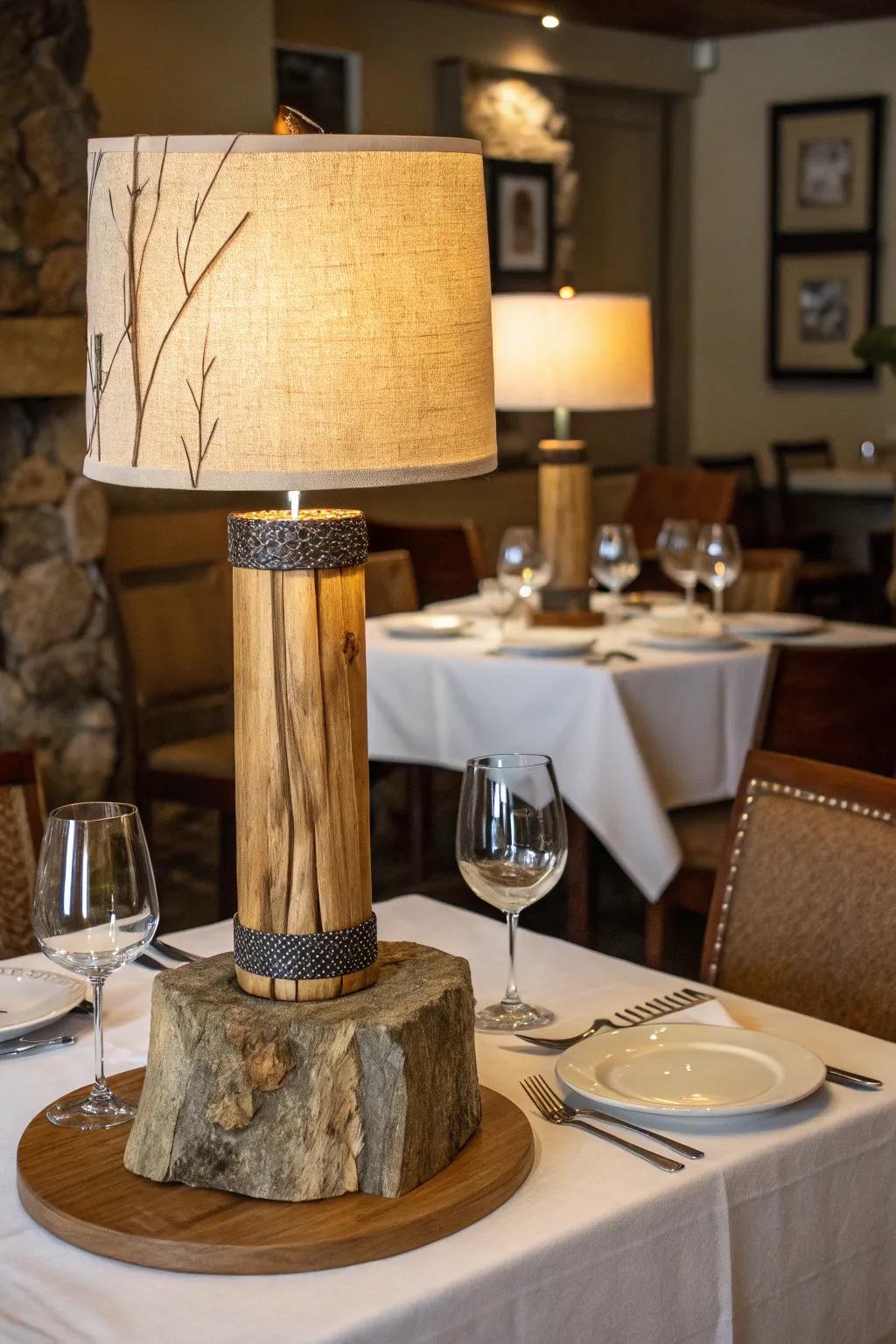 Nature-inspired table lamp with wood and stone details set on a restaurant table.