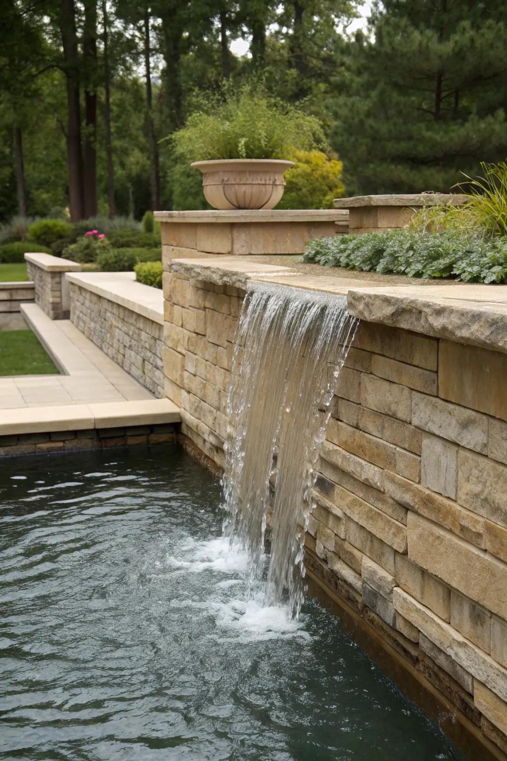 A waterfall feature integrated into a retaining wall for a spa-like setting.
