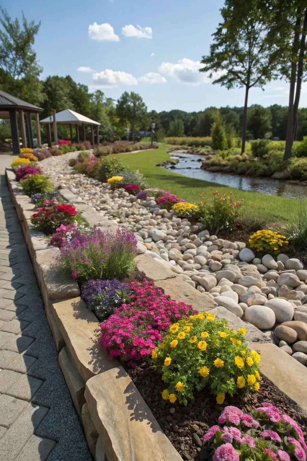 River stone borders offer structure and sophistication to vibrant lawn plots.