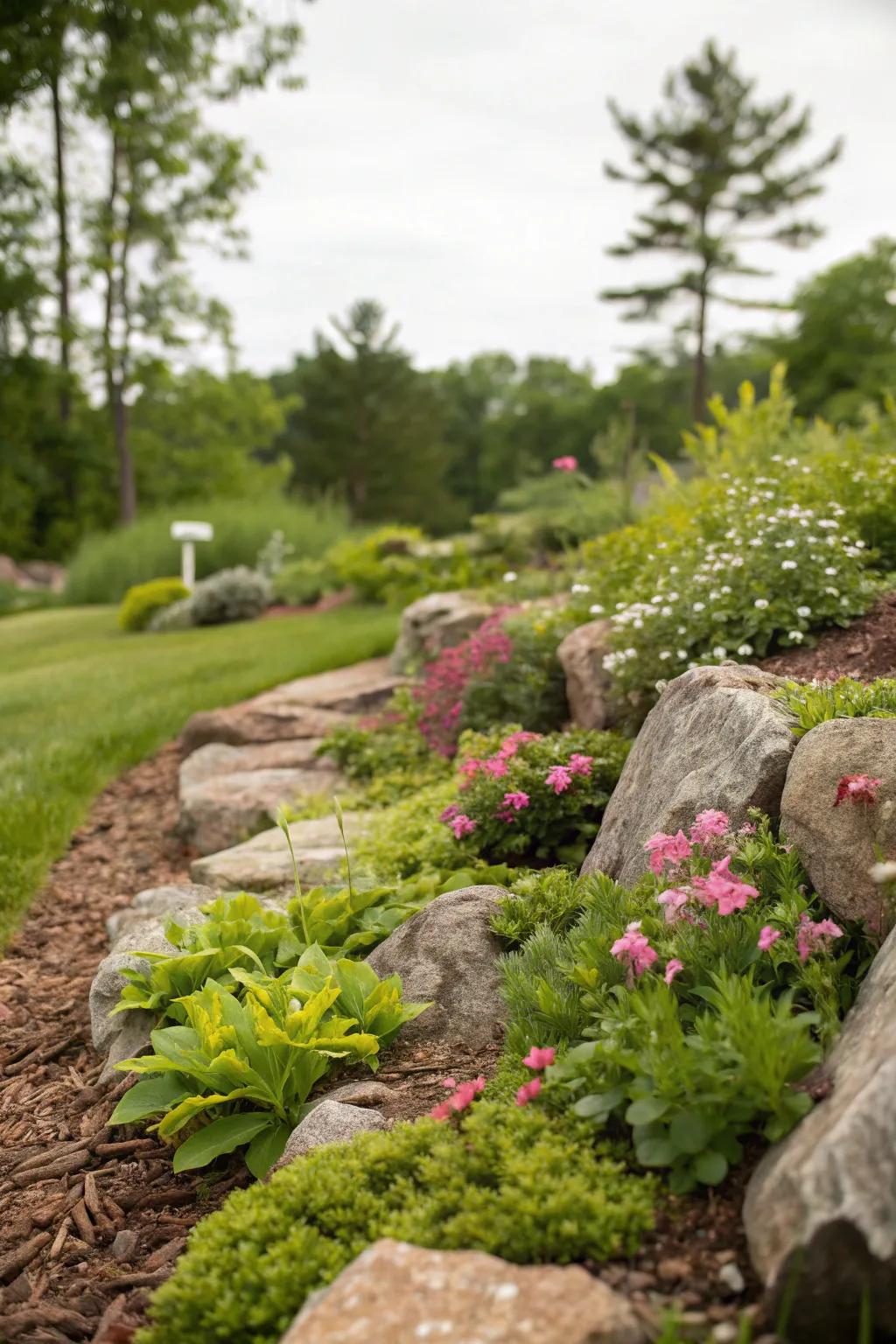 Abundant greenery infuses energy among rocks and mulch.