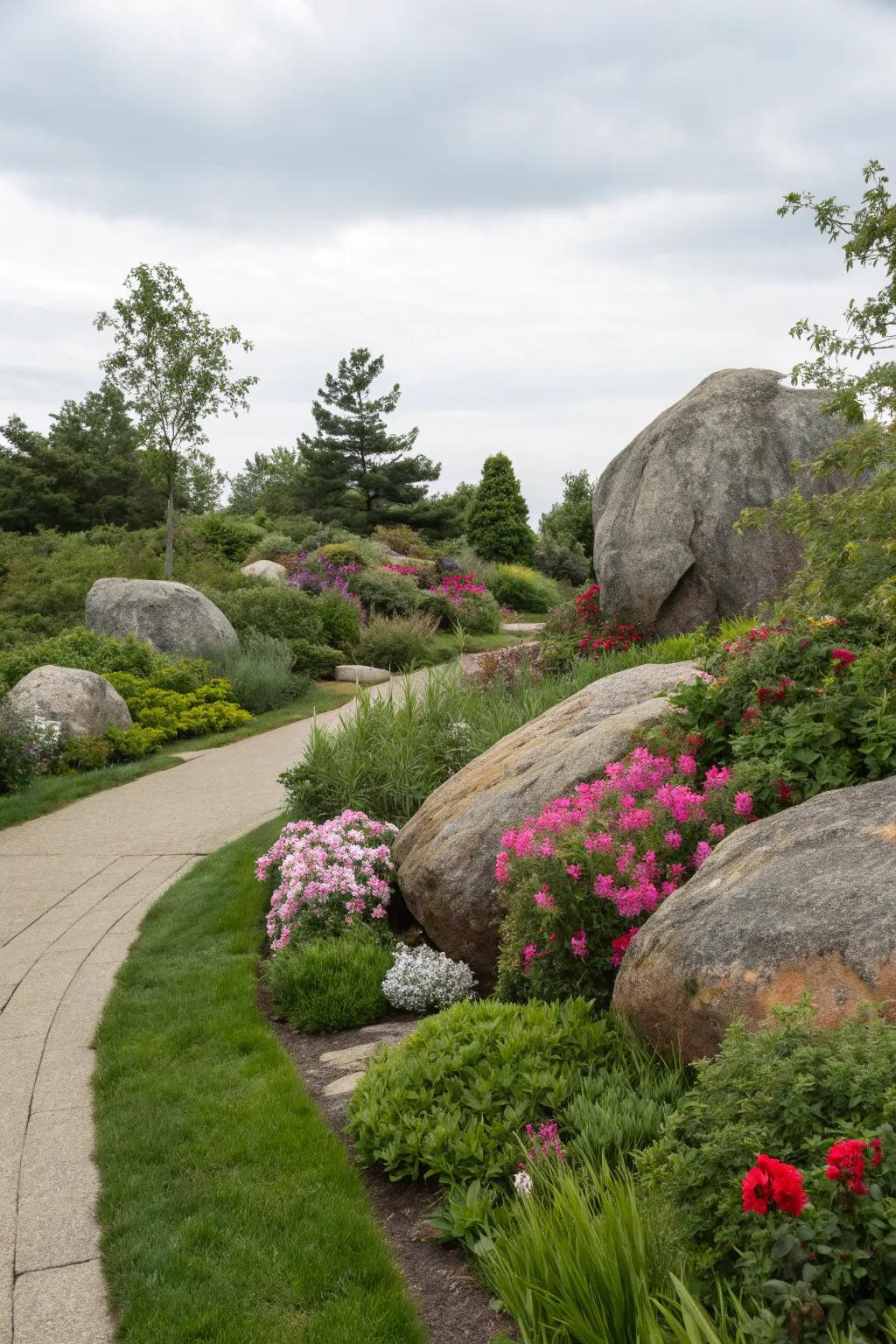 Large ornamental boulders crafting a breathtaking garden centerpiece.