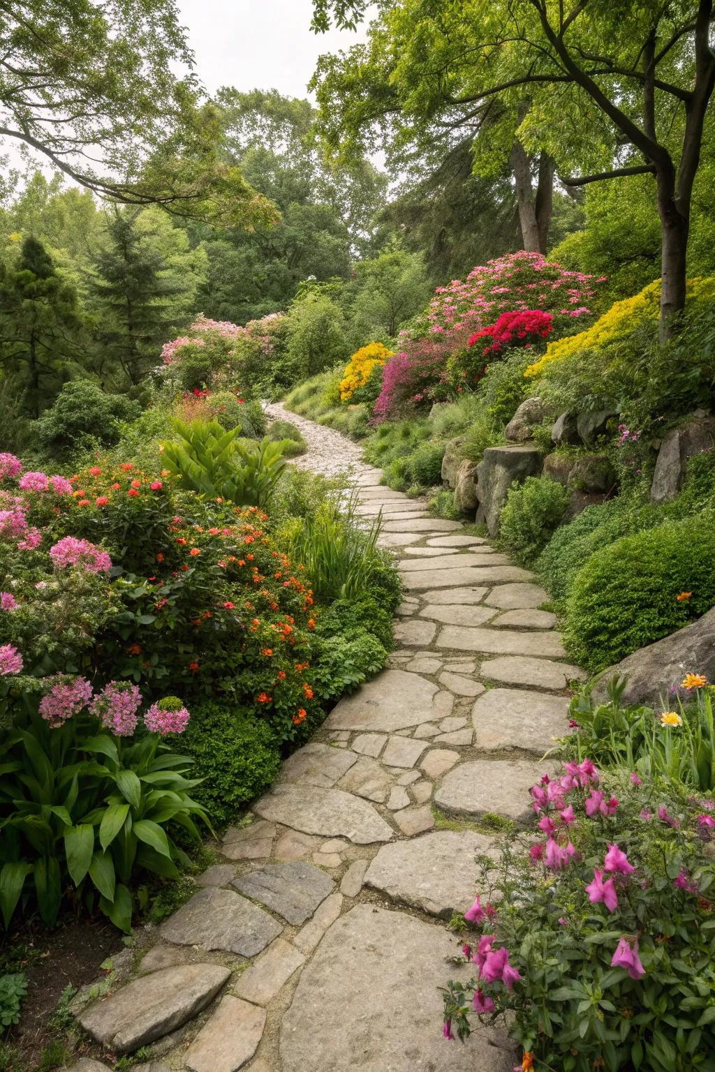 Pathways that harmonize with nature create a peaceful, secluded retreat.