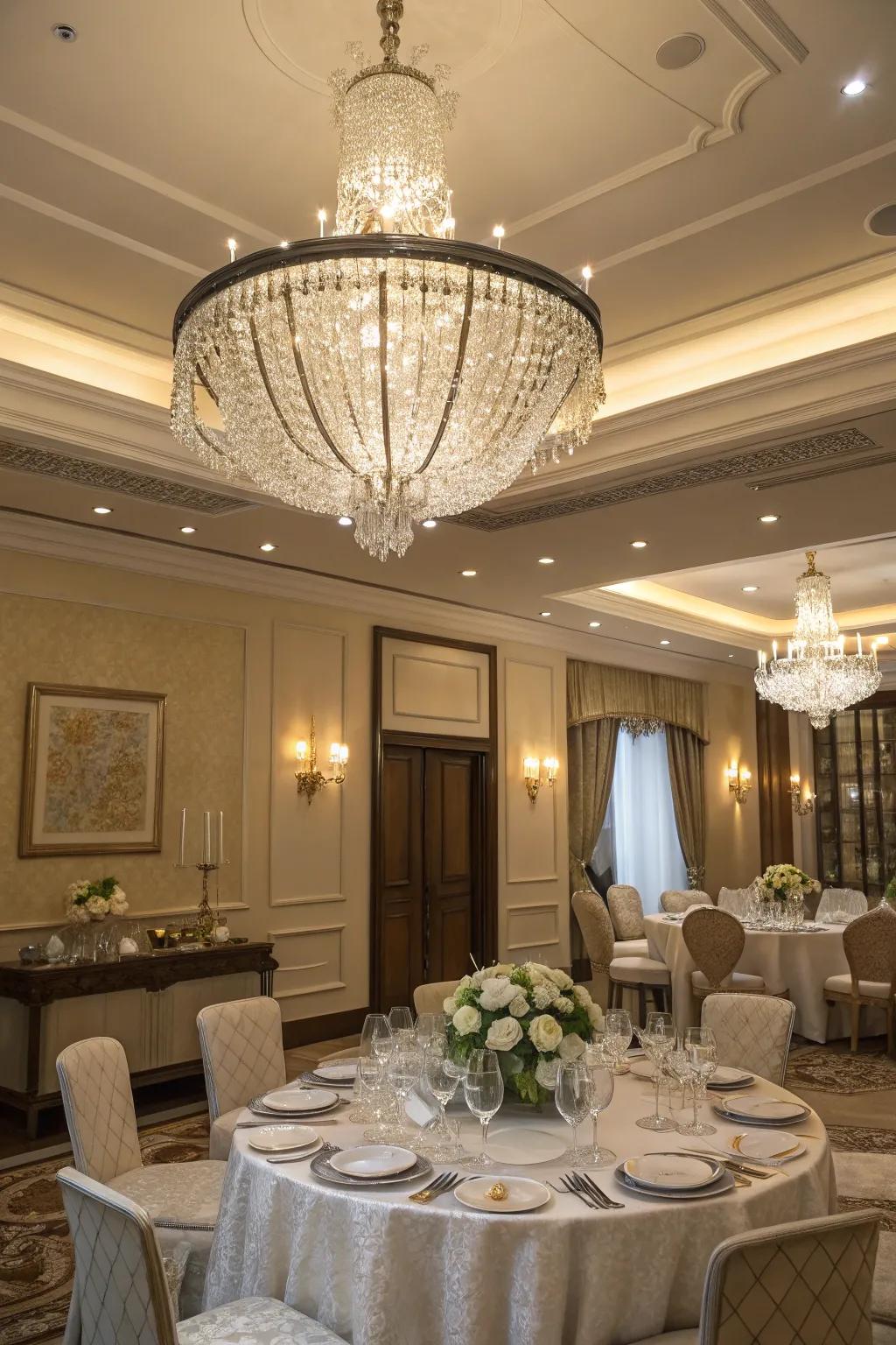A chandelier introduces a hint of elegance and sparkle to your dining journey.