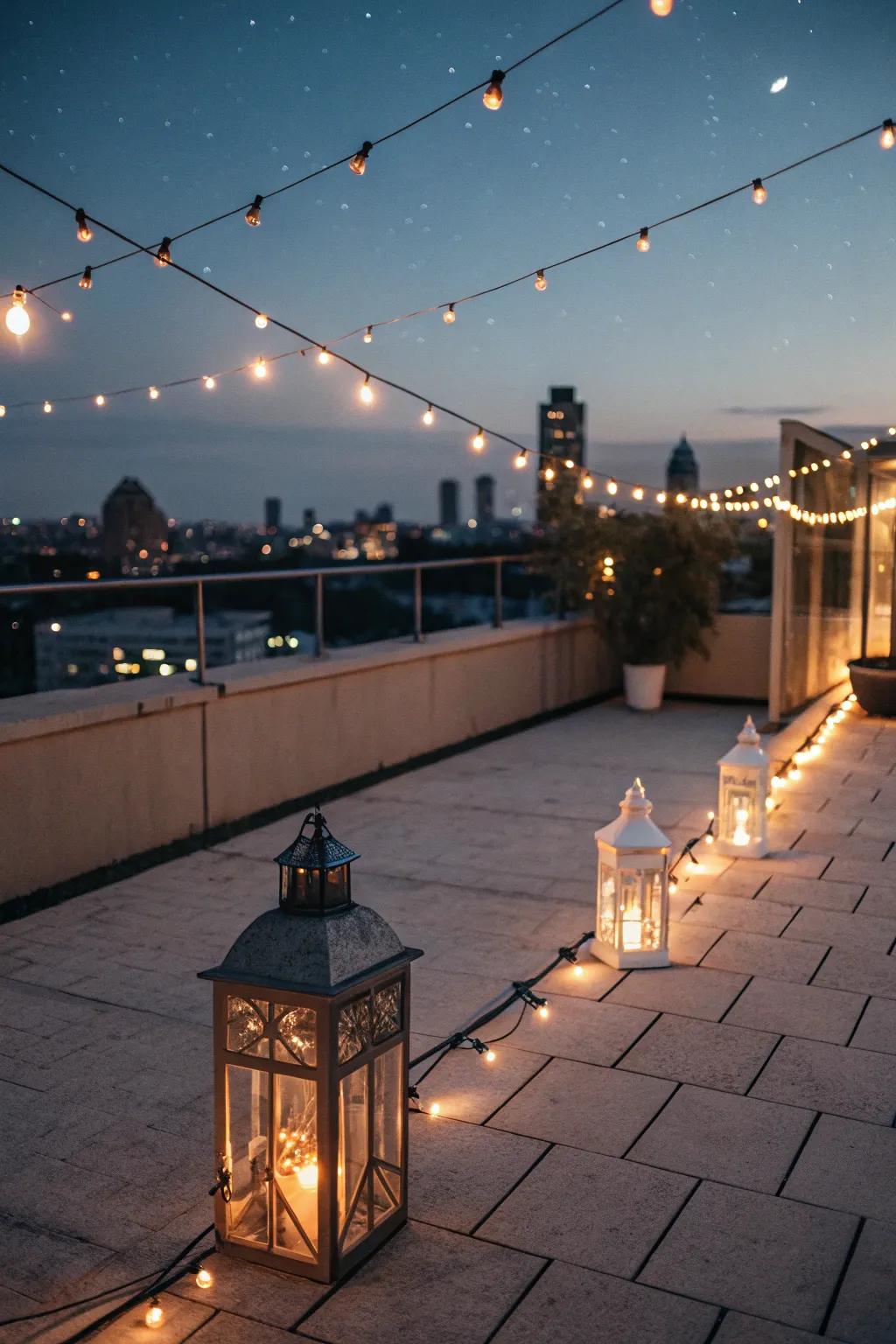 Enchanting rooftop lighting creating a serene evening ambiance.