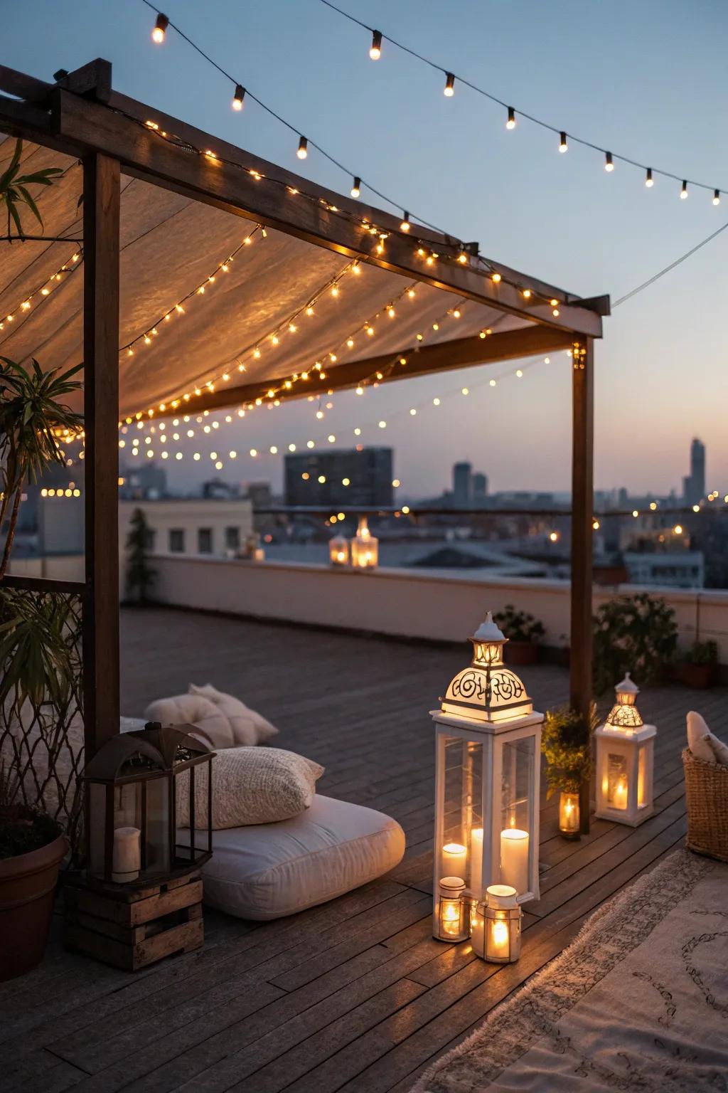 Creative lighting transforms your rooftop into a nighttime sanctuary.