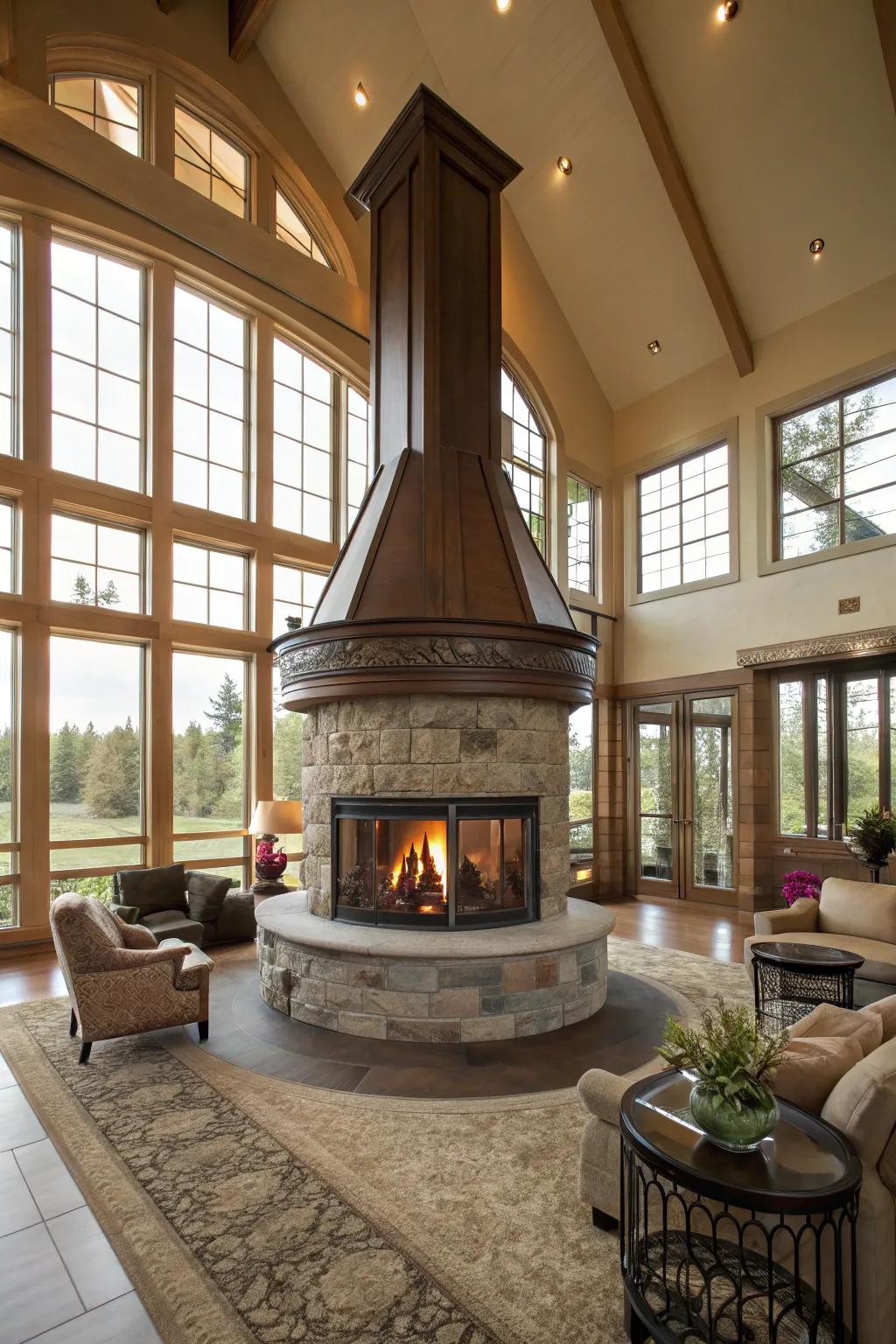 Panoramic fireplaces establish a harmonious ambiance in large, open rooms.