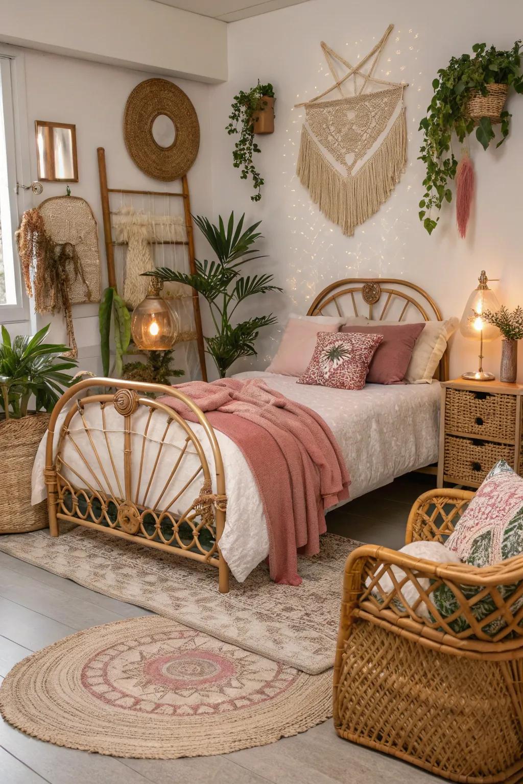 Rattan and rose gold combined give off a boho-chic vibe.
