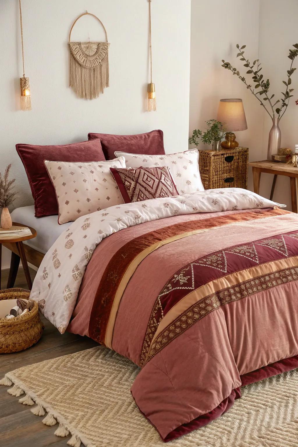 Stacked burgundy and gleaming gold bedding creates a luxurious and welcoming bed.