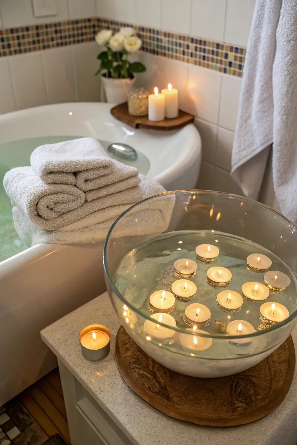 Candles floating in a glass bowl provide a serene and soothing atmosphere.