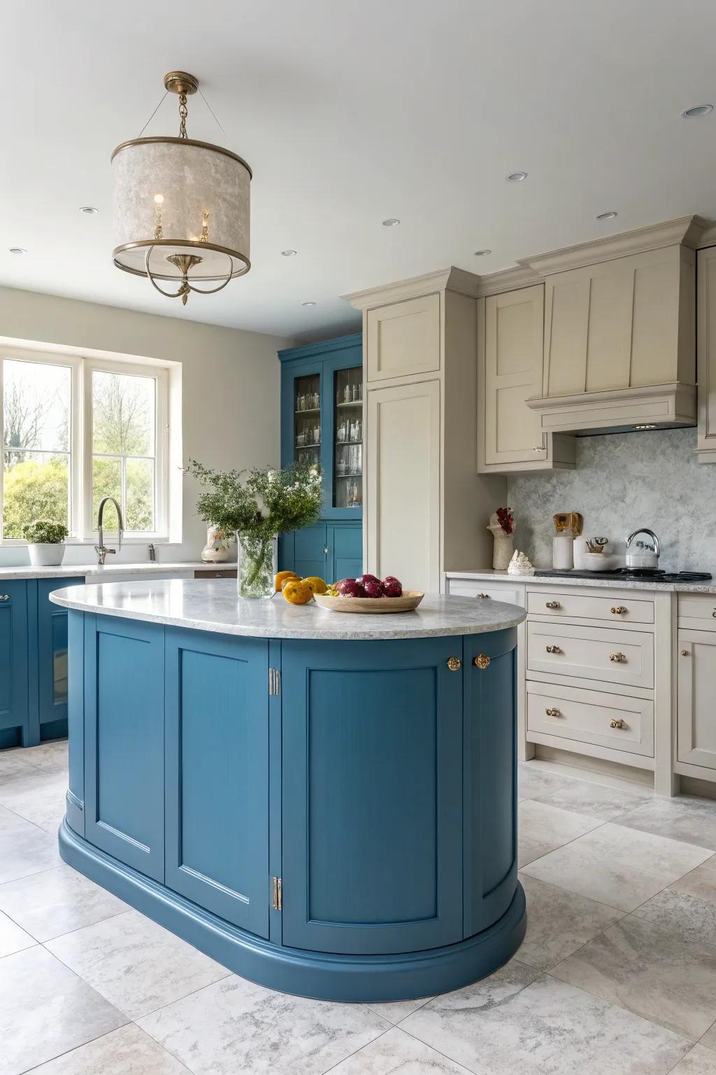 A vibrant color adds excitement to a round kitchen island.