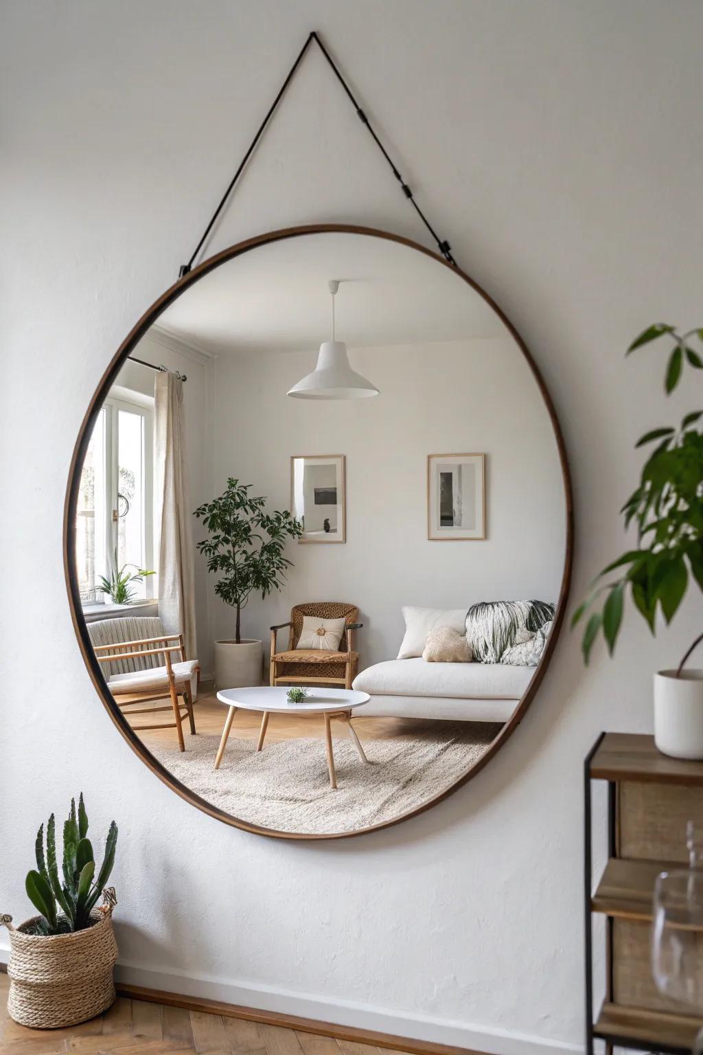 Unframed circular reflector in a minimalist lounge arrangement.
