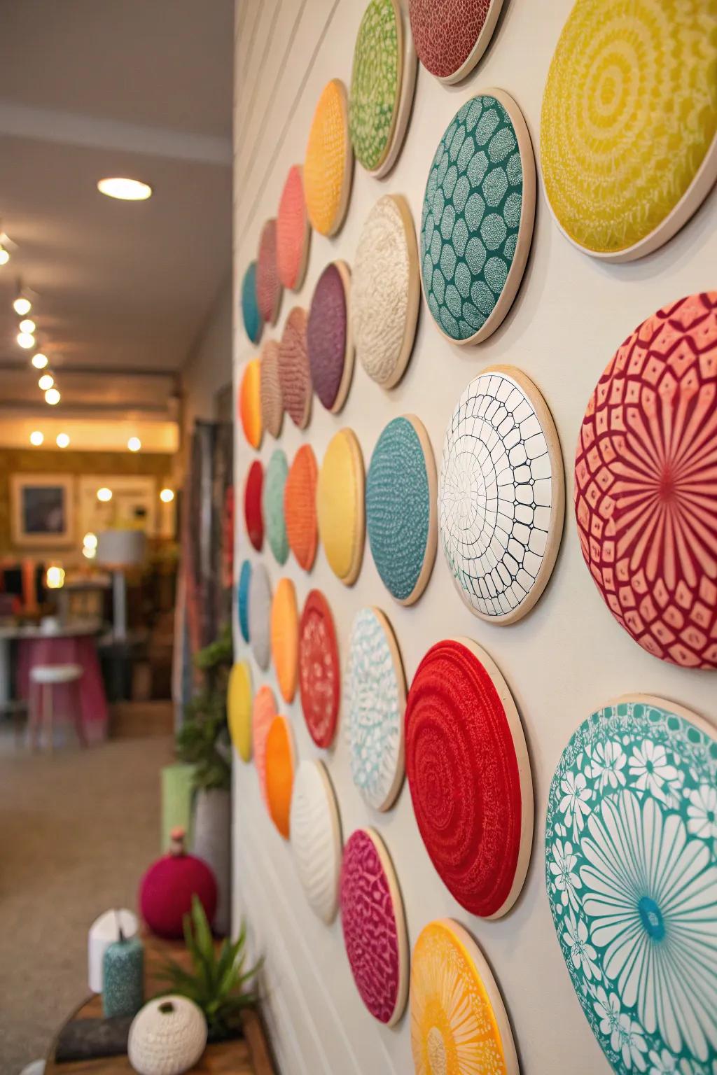 Grouped circular decor pieces creating a dynamic wall display.