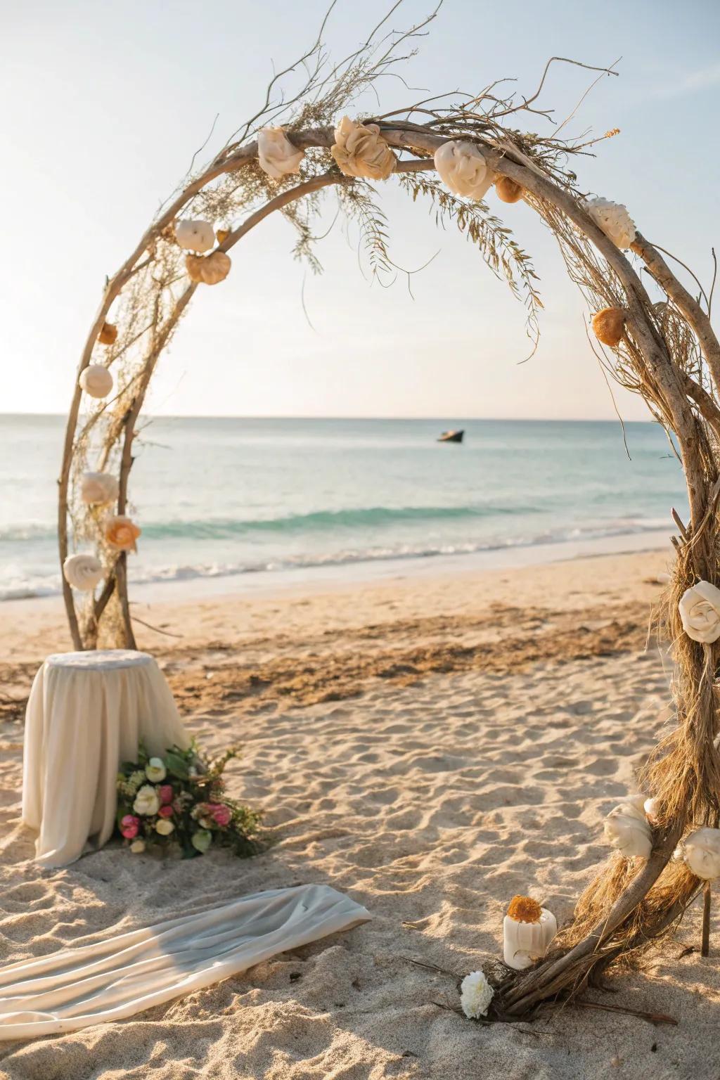 A seaside-inspired circular wedding arch by the beach.