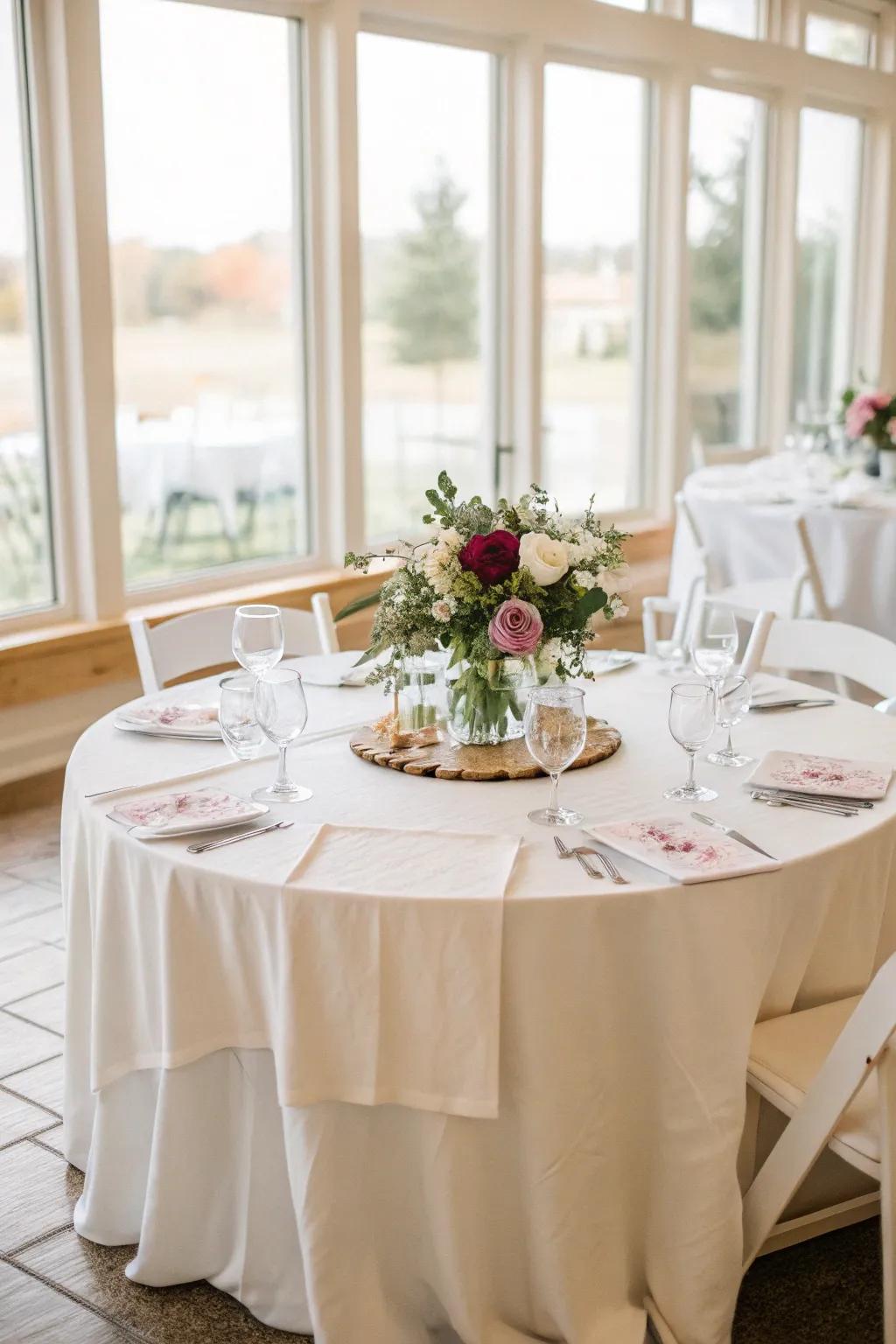 Subtle refinement with a flax tablecloth featured in a luminous environment.