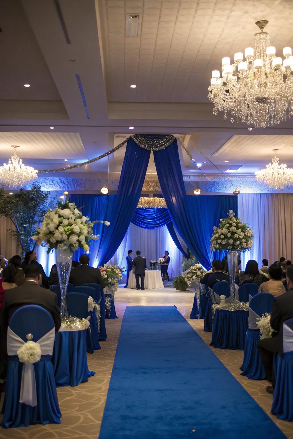 A reception area elevated with royal blue d&eacute;cor.