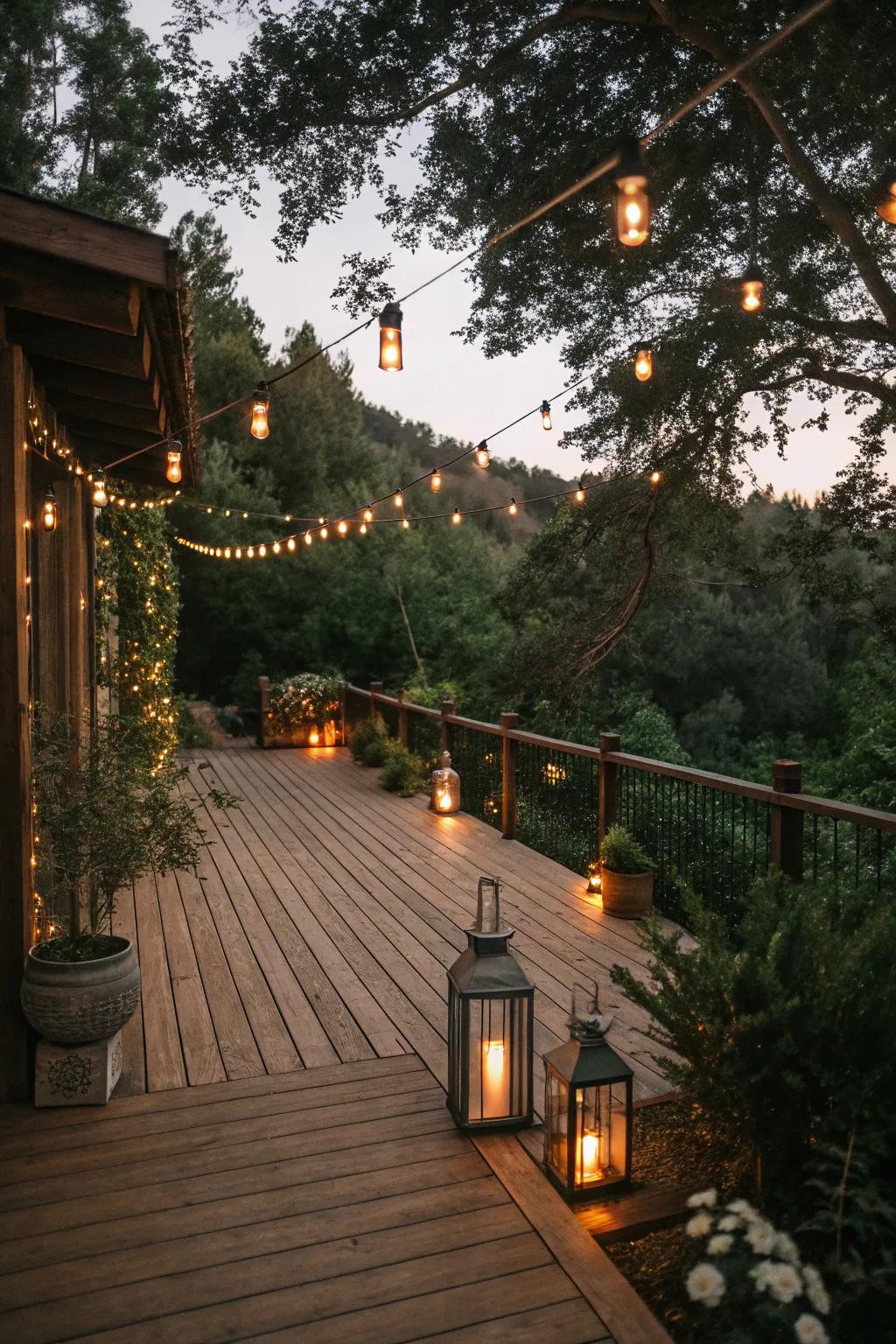 Fairy lights and lanterns cast a magical glow across this countryside deck.