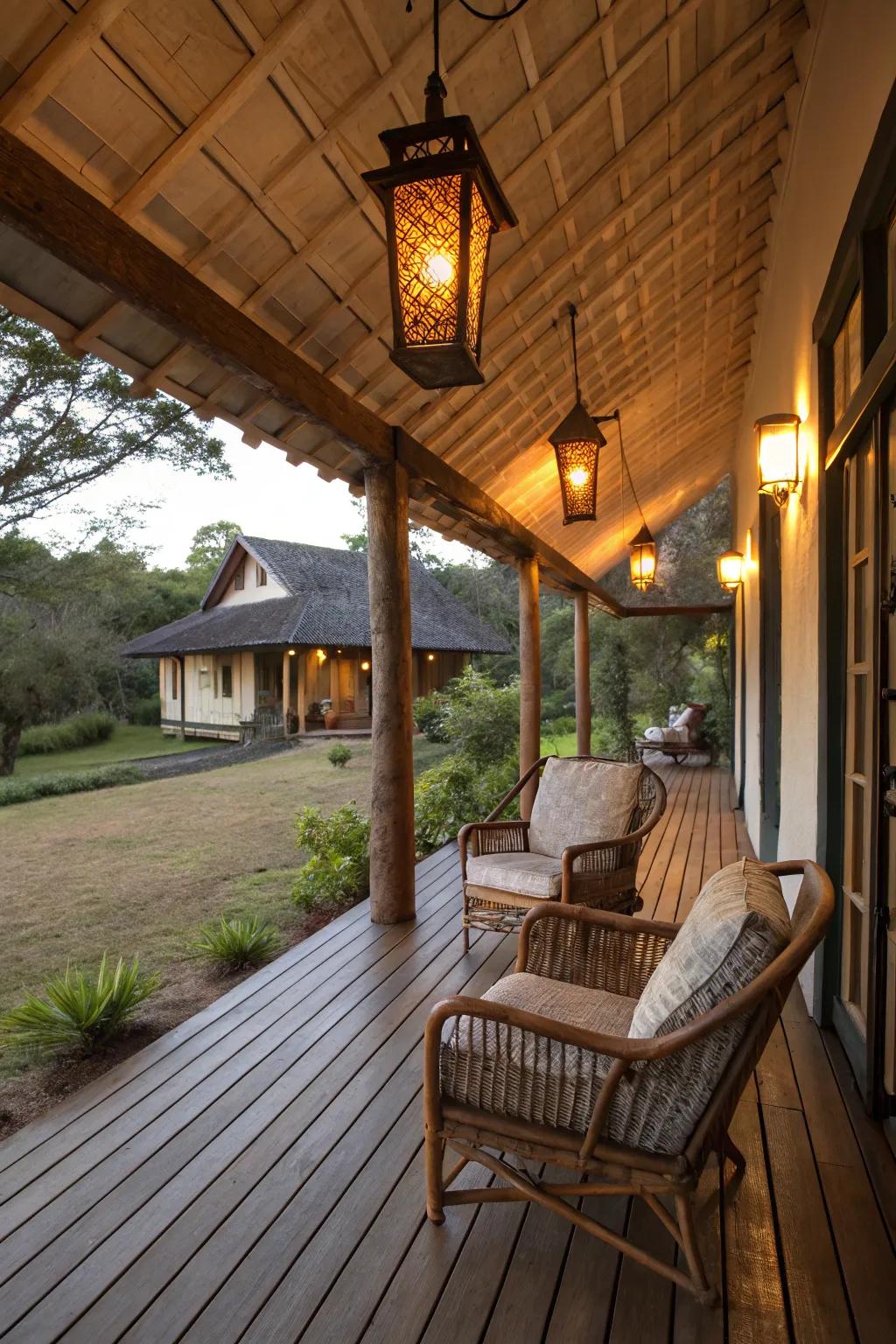 A veranda lit by appealing beacon styled illumination.