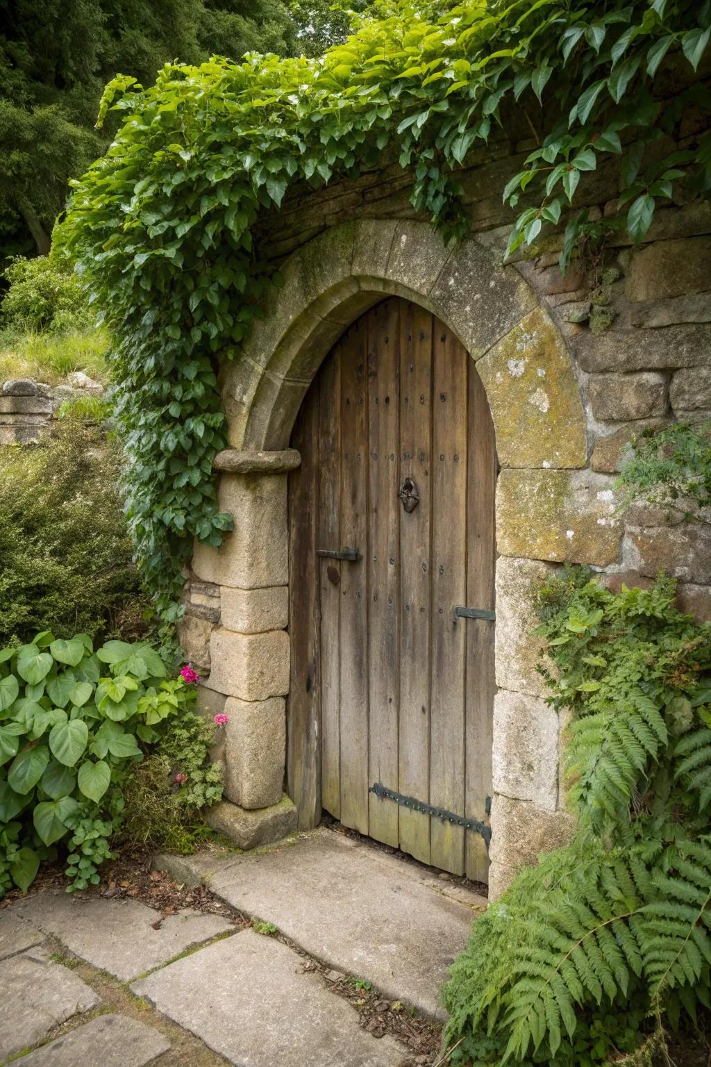 Stone or brick framing enhances the rustic appeal of wooden doors.