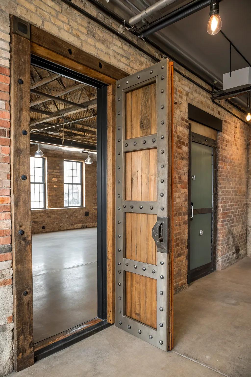 A doorway merging timber and metal for an industrial country aesthetic.