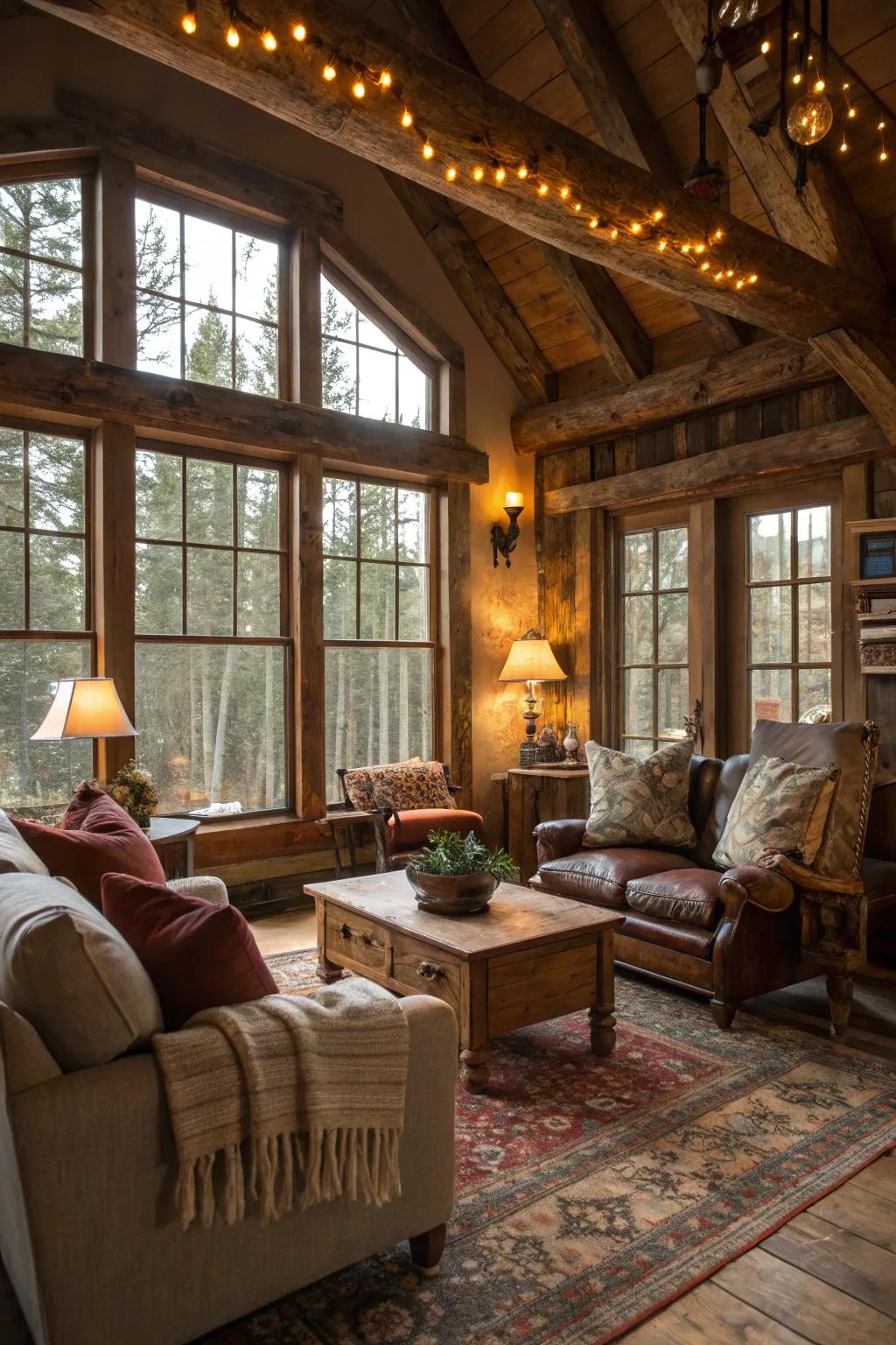 Gentle lighting and expansive windows enhance the area's inviting ambiance.