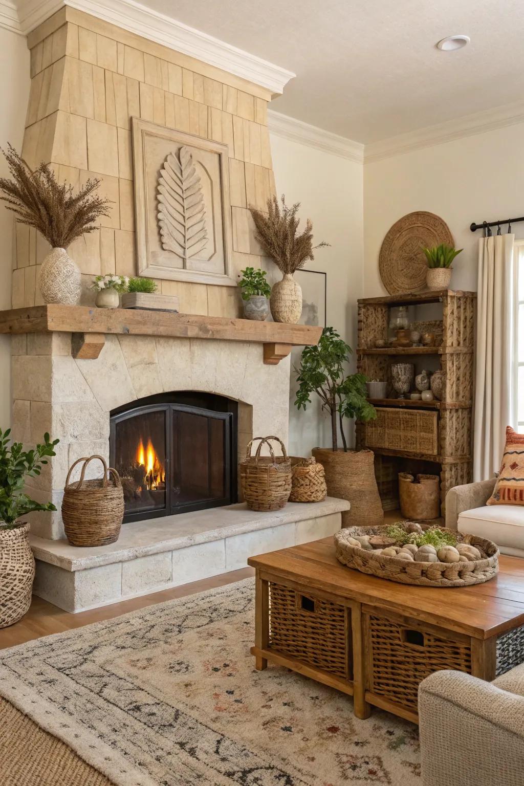 A sprawling hearth serves as both a focal feature and useful area in this country-style design.